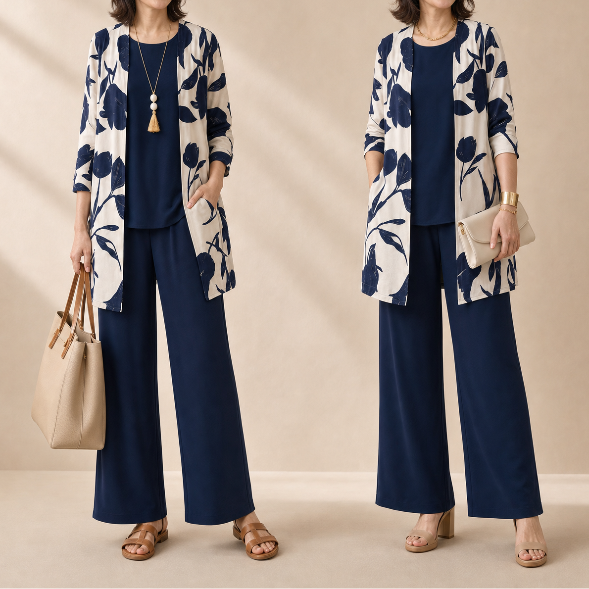 Evania – Women's Navy Botanical 3 Piece Outfit Set with Longline Cardigan