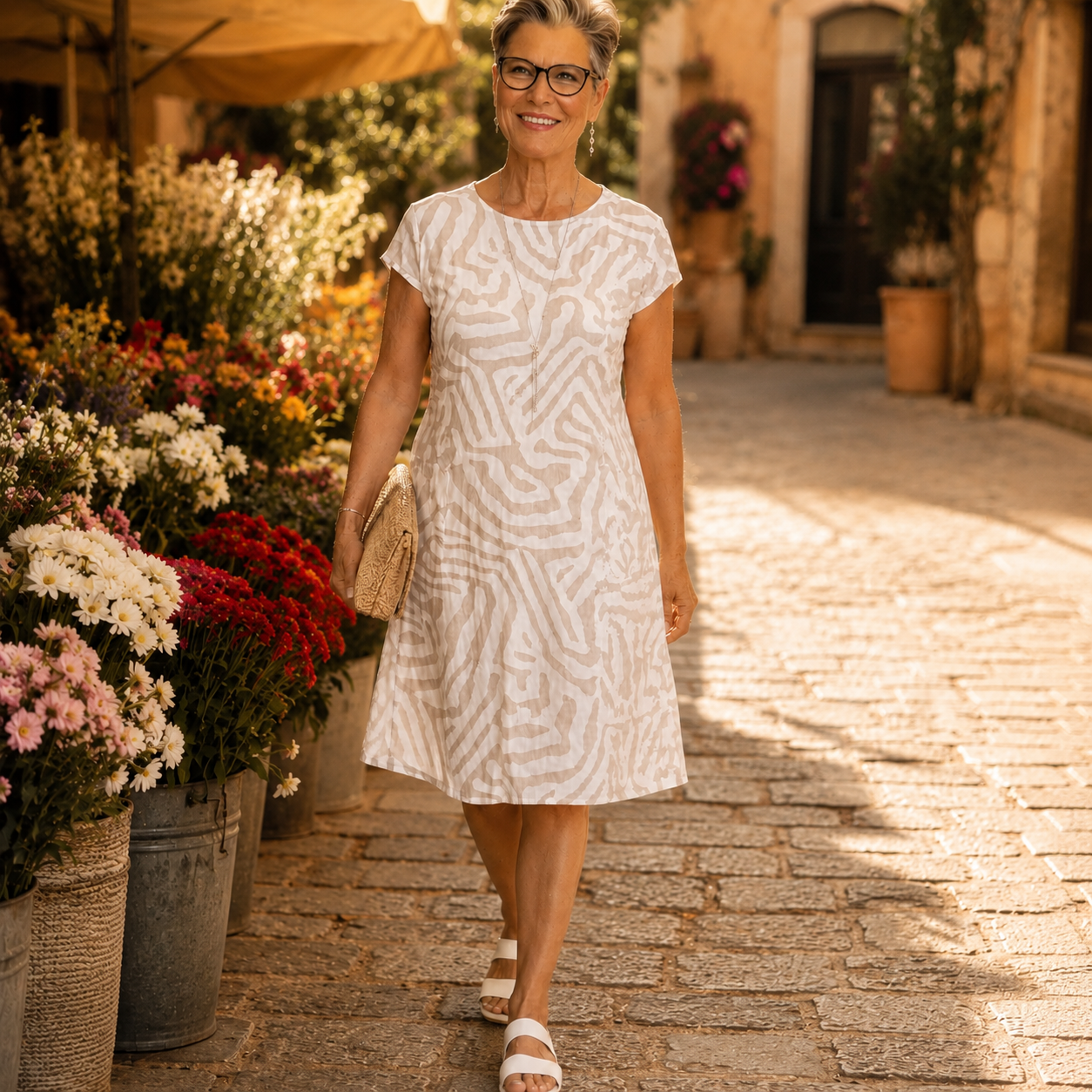 Ingrid – Linen Look Midi Shift Dress with Abstract Print, Cap Sleeve