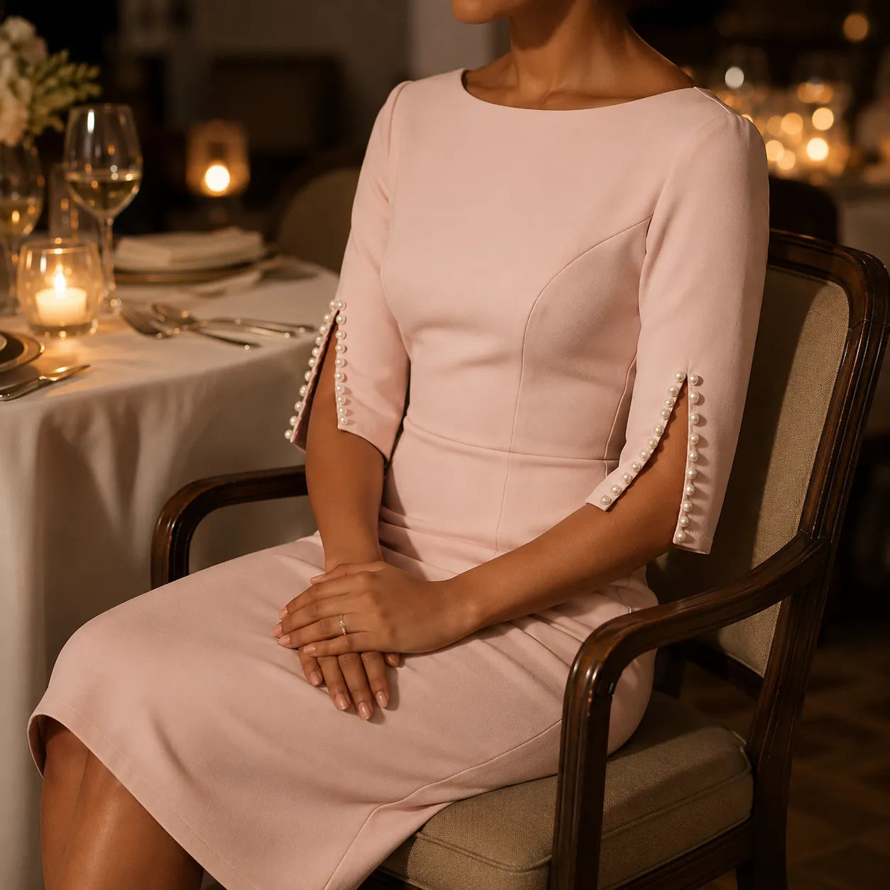 Elarosa – Pearl-like Sleeve Slim Fit Pencil Midi Dress