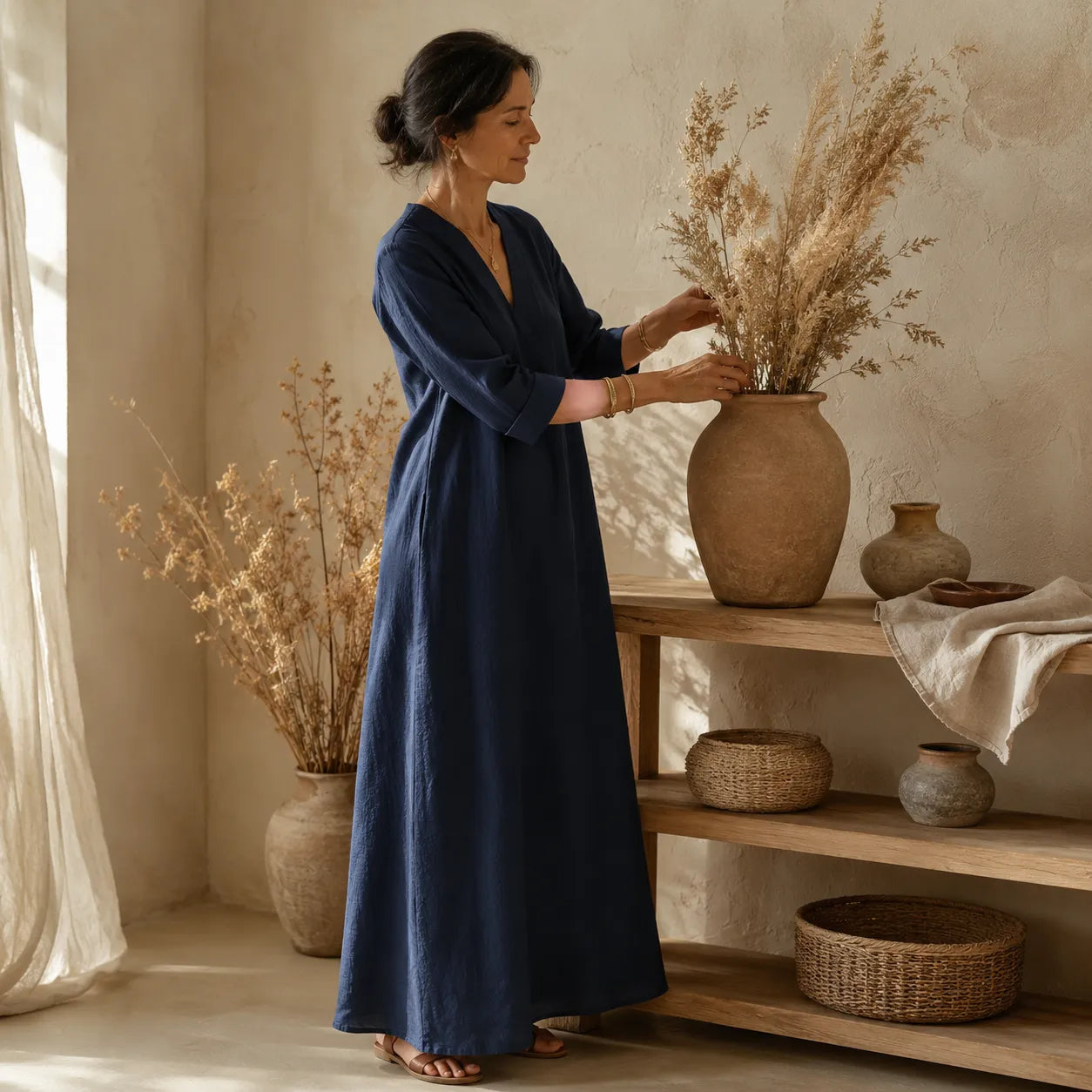 Lunara – Linen-Look V-Neck A-Line Maxi Dress with Pockets
