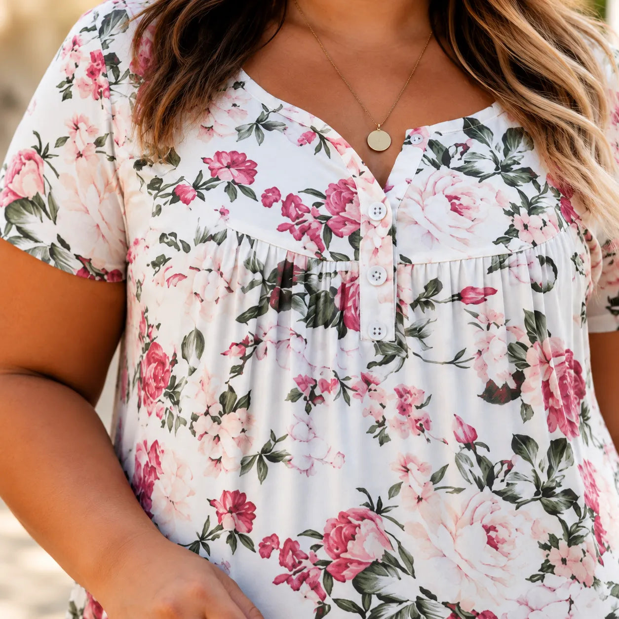 Florenza – Women's Floral Pleated Henley Tunic Top, Flowy Short Sleeve V-Neck Button Up Shirt for Jeans