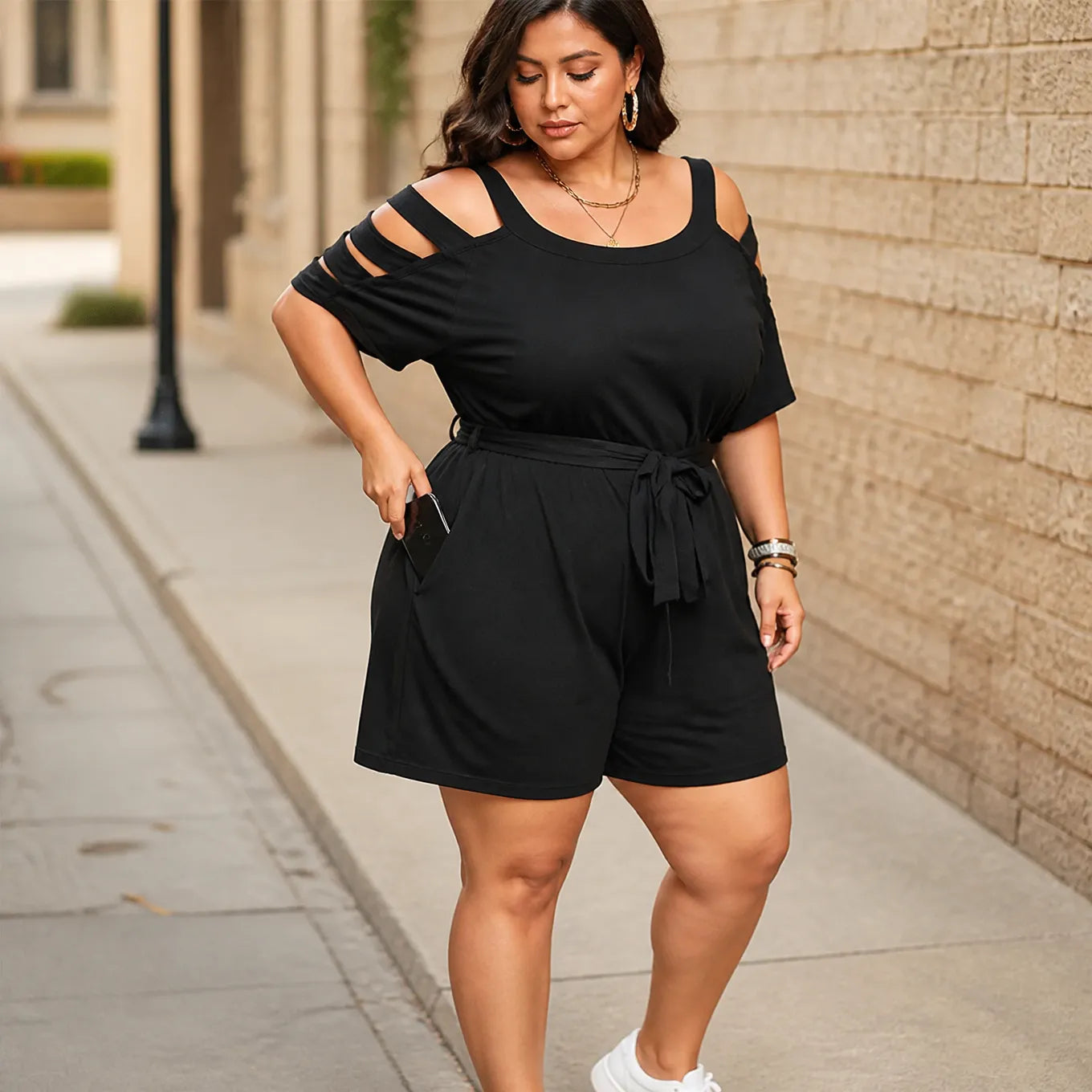 Curvella – Cold-Shoulder Belted Romper with Tie Waist & Pockets