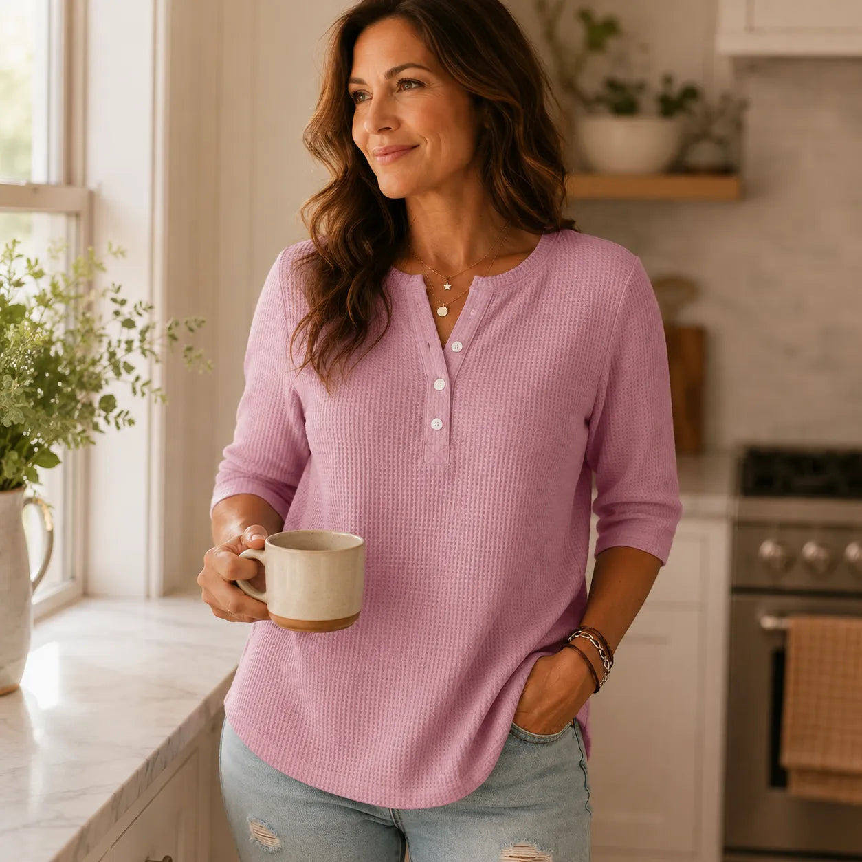 Loravia – Waffle Knit-look Henley Top with Button Placket, 3/4 Sleeve