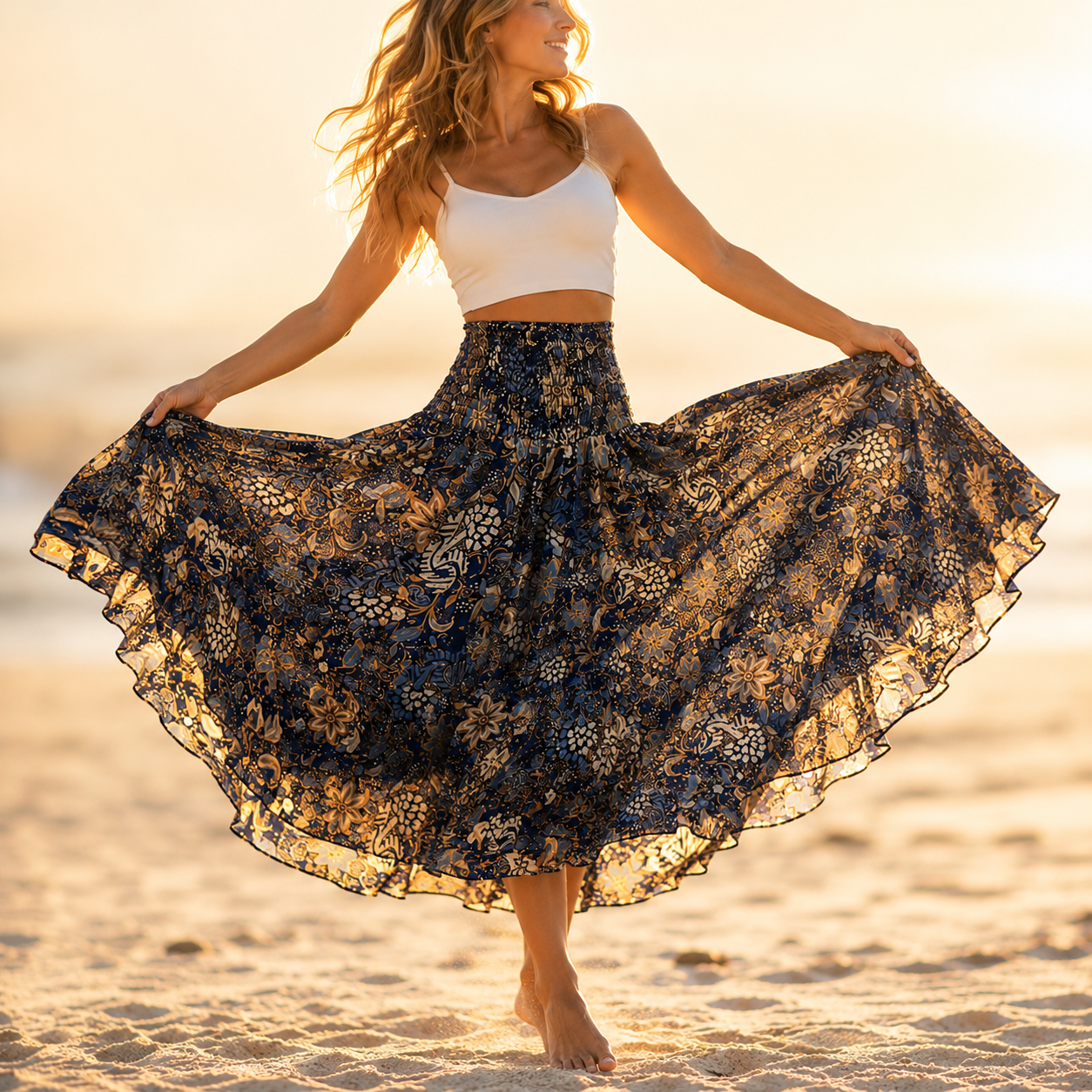 Floressa – Smocked High-Waist Floral Maxi Skirt with Flowy A-Line Sweep