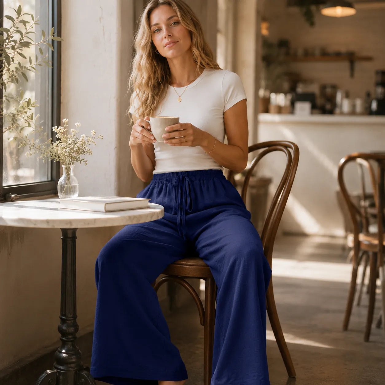 Loravie – Crinkle Wide Leg Elastic Waist Lounge Pants for Women