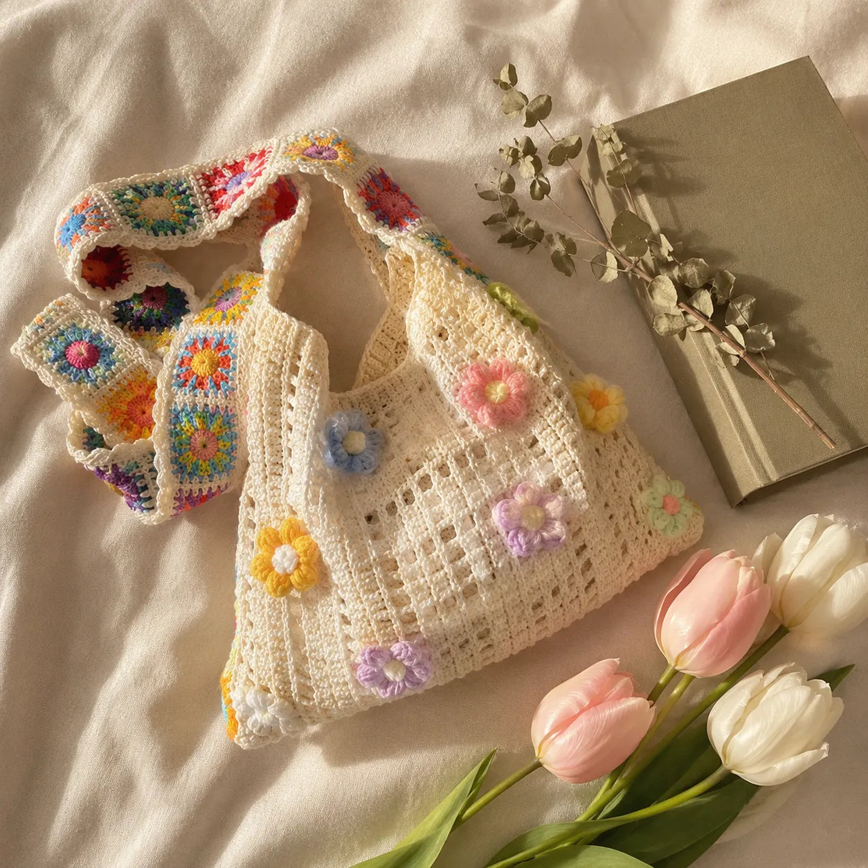 Florenza – Hand-Crocheted Floral Shoulder Bag for Women, Boho Granny-Square Tote with 3D Flowers