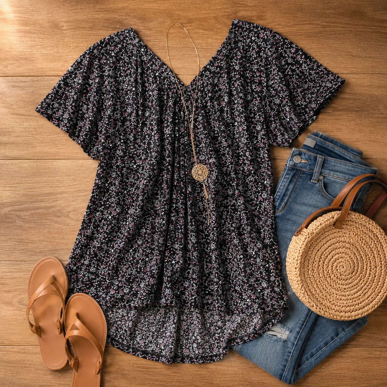 Florenza – Floral V-neck Short Sleeve Tunic Top for Women