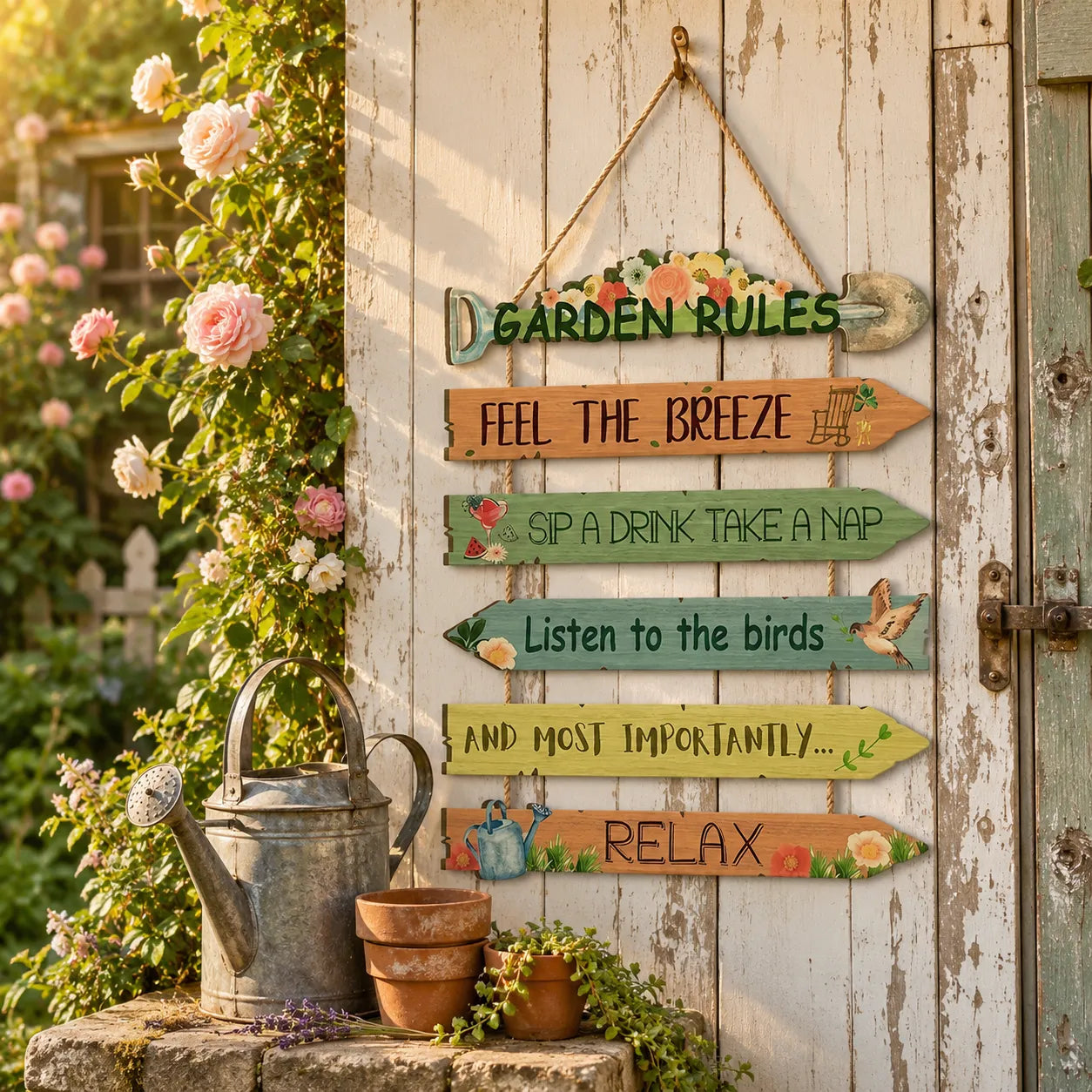 Blossomrow – Rustic Garden Rules Hanging Sign, Hand-Painted Wall Plaque with Rope