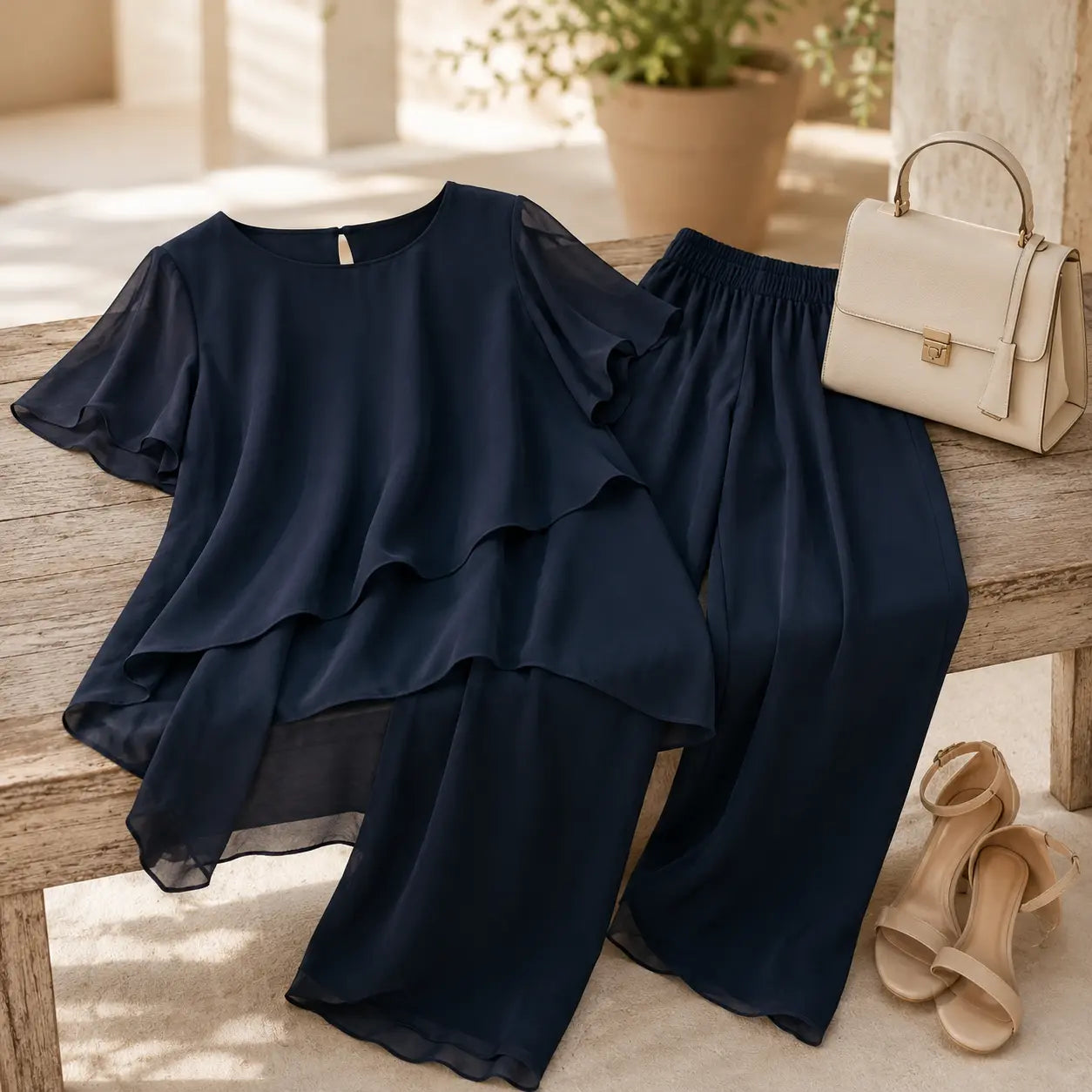 Florenza – Double-Layer Top and Wide Leg Pants Set for Women