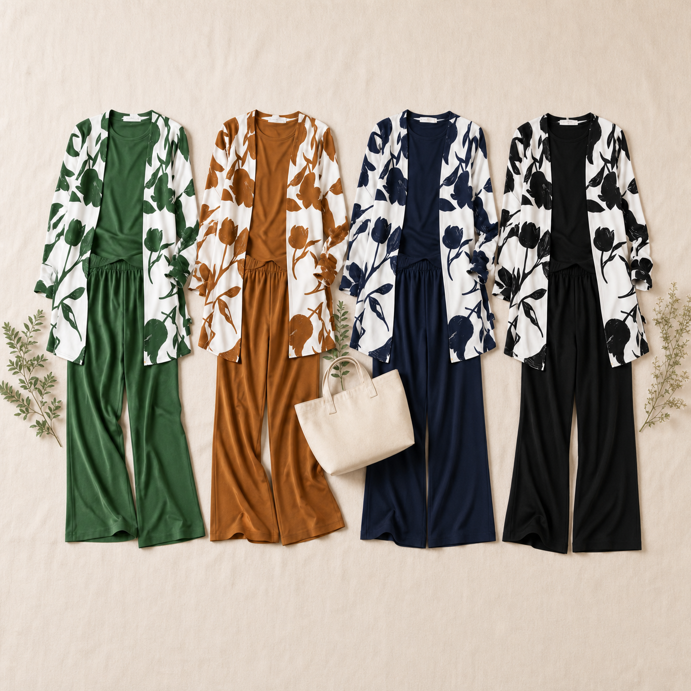 Brenda – Women's 3 Piece Set with Floral Cardigan, Scoop Top and Wide Leg Trousers