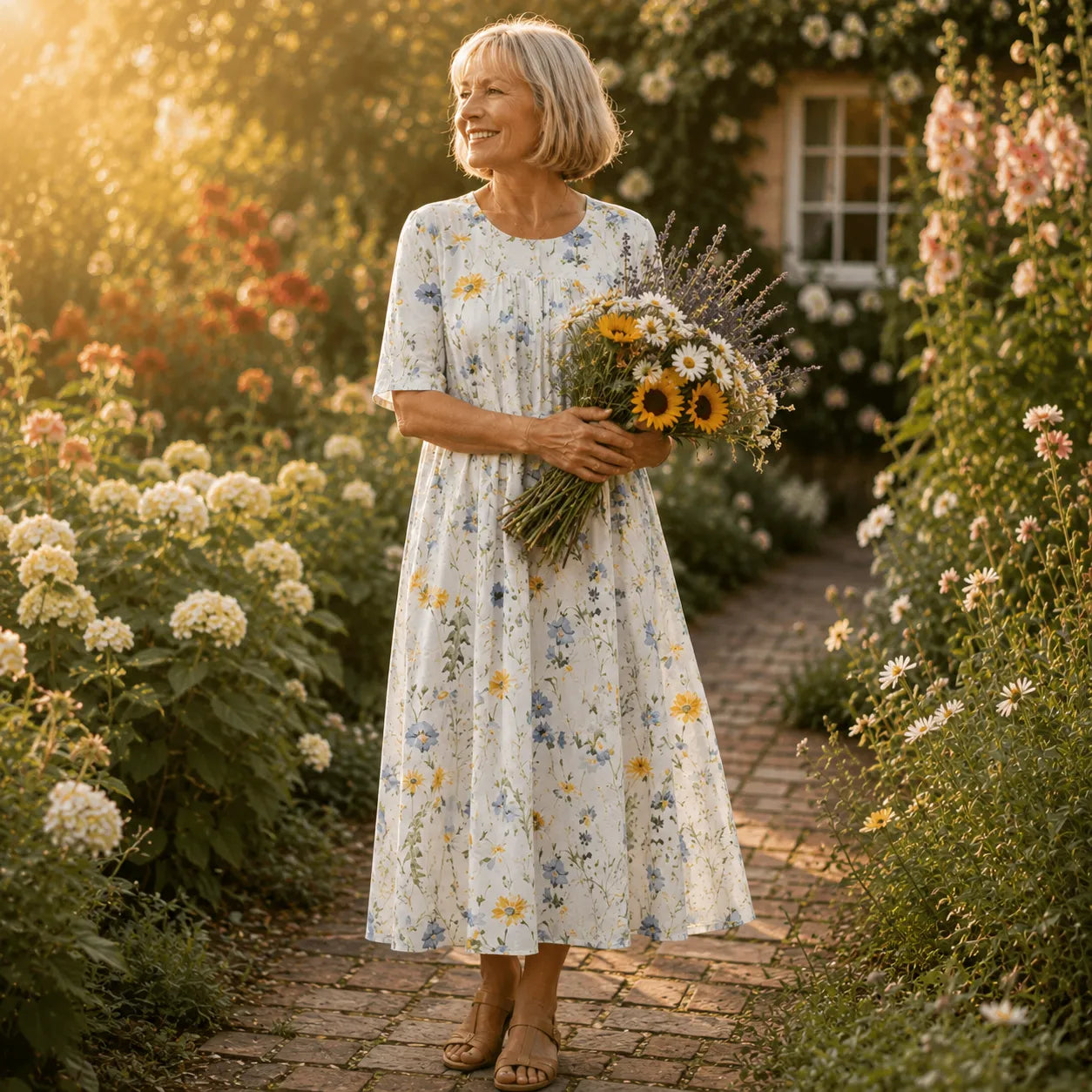 Fiorella – Floral Print Cotton-like Midi Dress with Pockets