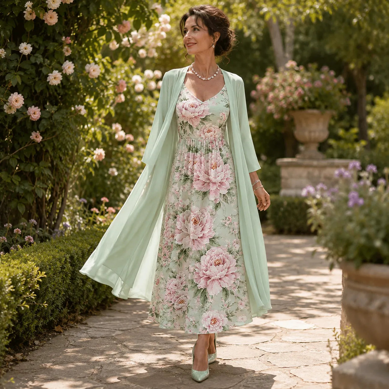 Florenza – Two-Piece Floral Maxi Dress with Sheer Duster