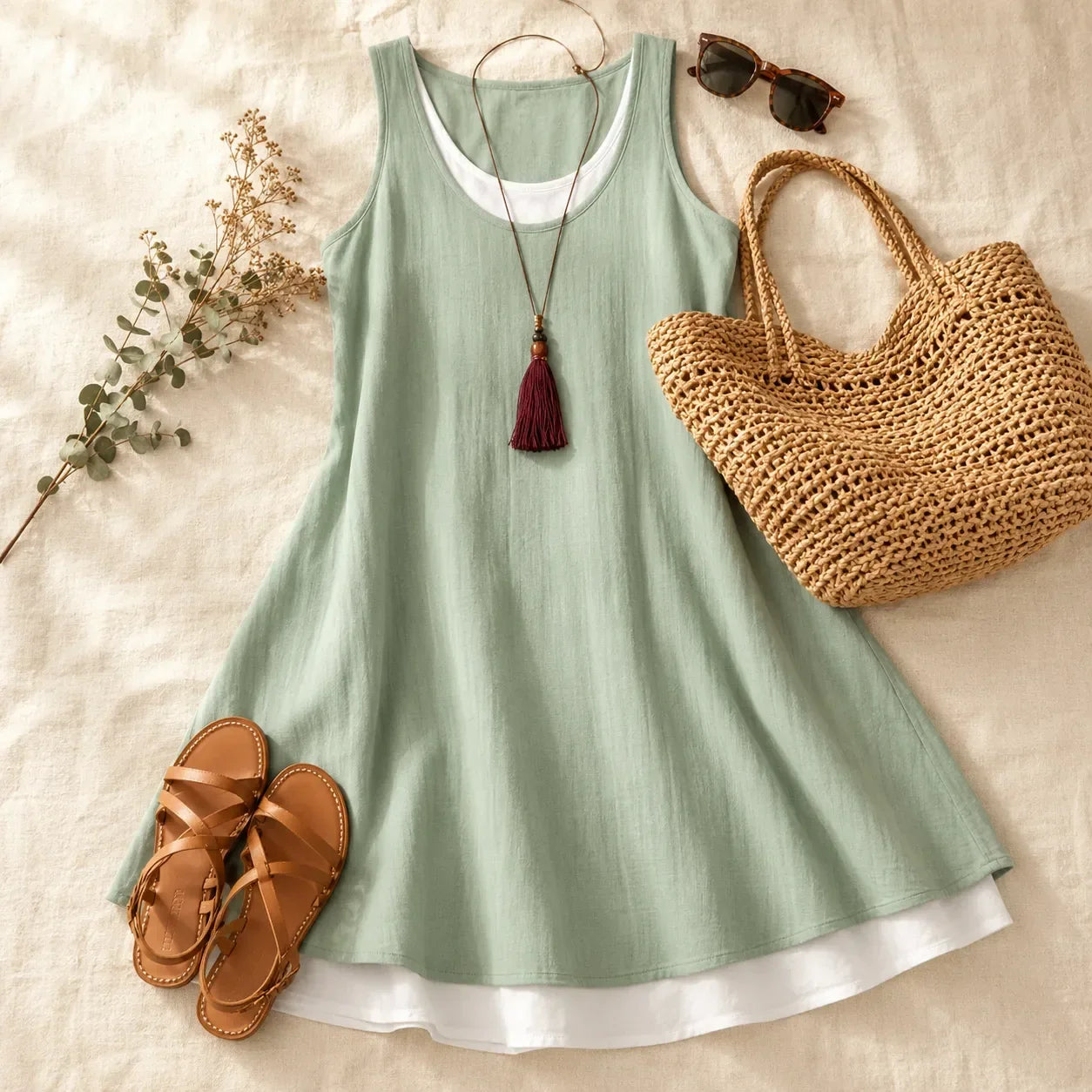 Breezella – Layered Summer Swing Dress, Sleeveless Two-Piece-like Design