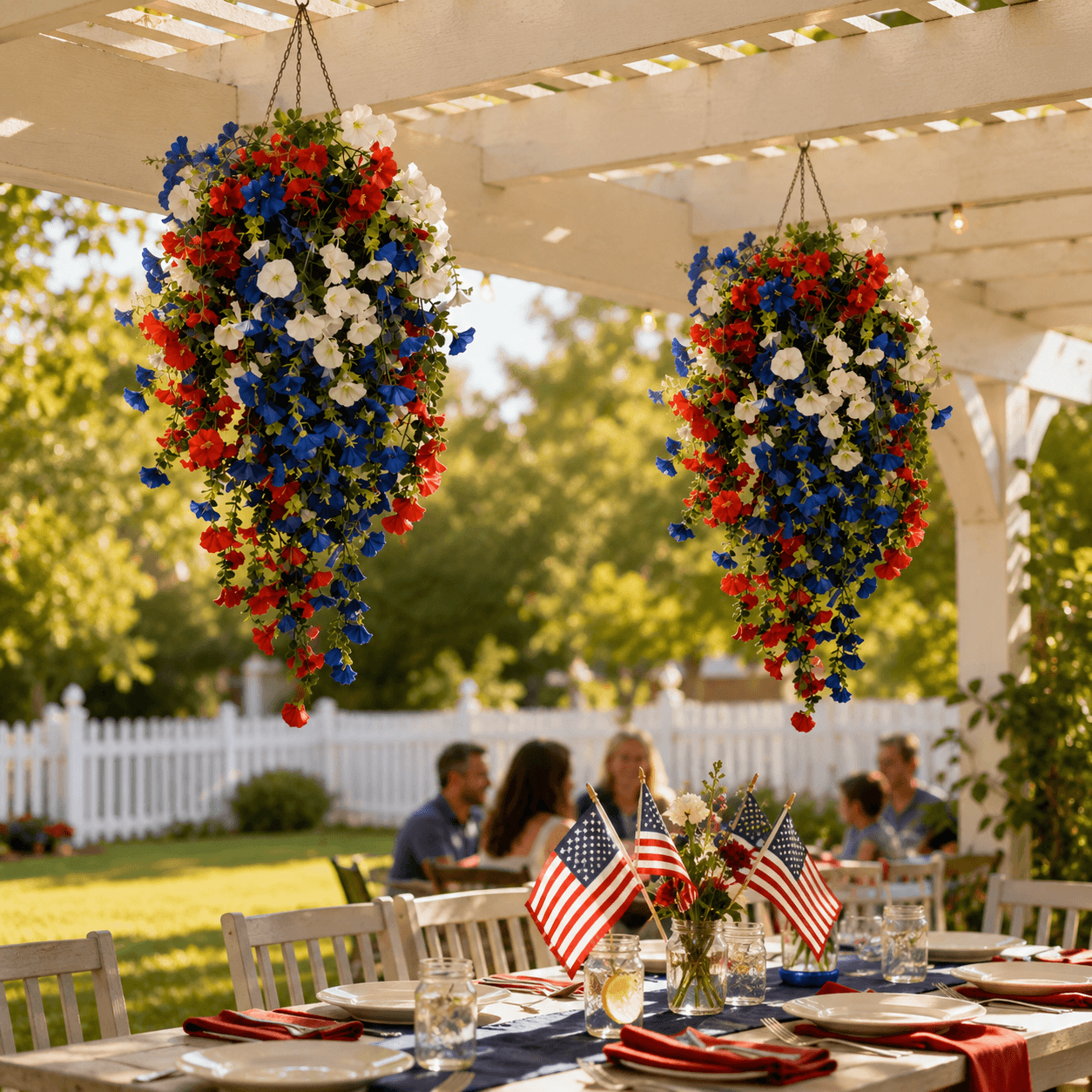 Liberty Bloom – Patriotic Hanging Flower Basket with LED Lights, Red White Blue Silk Blooms for July 4th Porch Decor