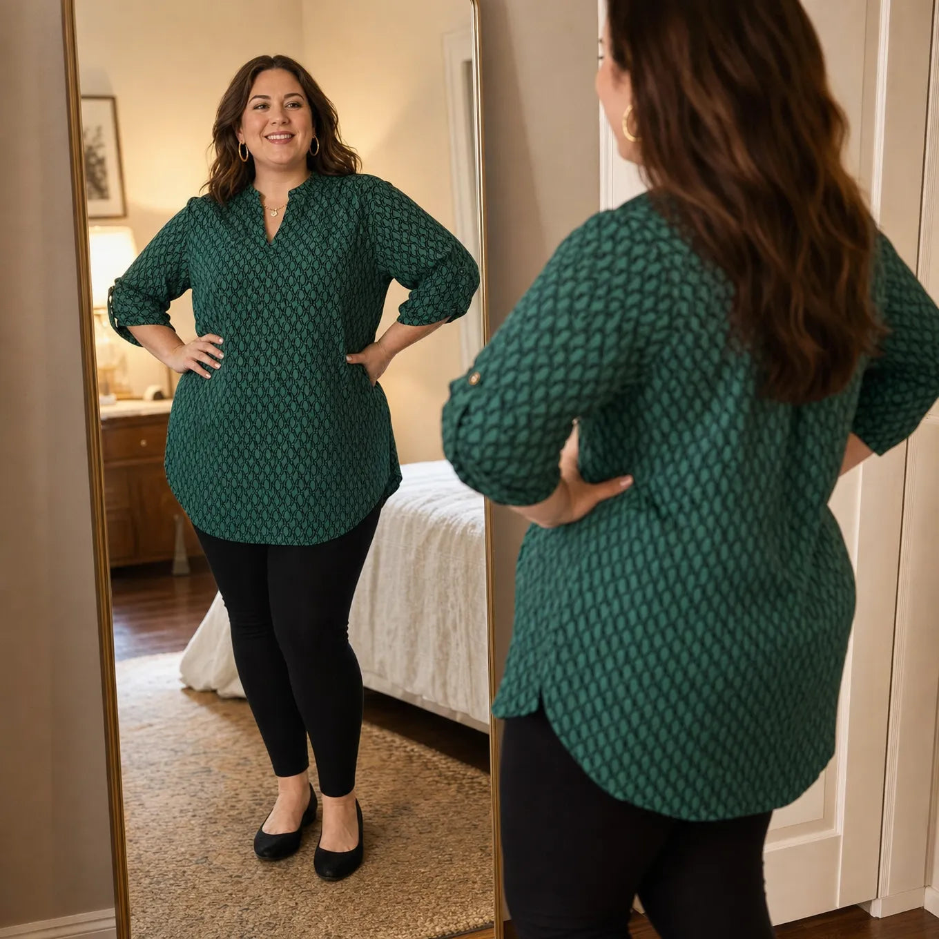 Drapella – Geometric Print V-Neck Tunic Blouse with Roll-Tab Sleeves
