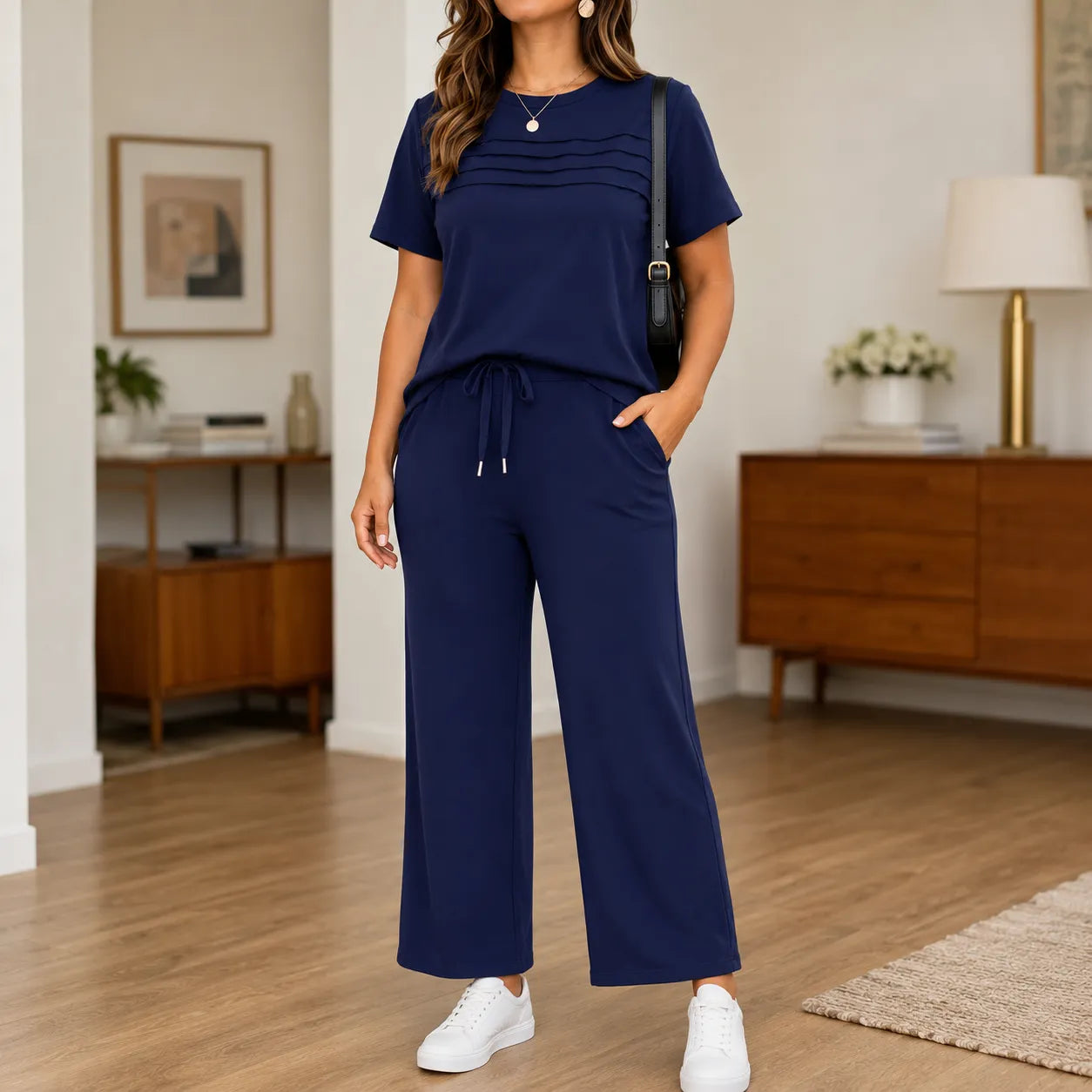 Lounella – Women's Pintucked Lounge Set with Wide-Leg Pants and Pockets