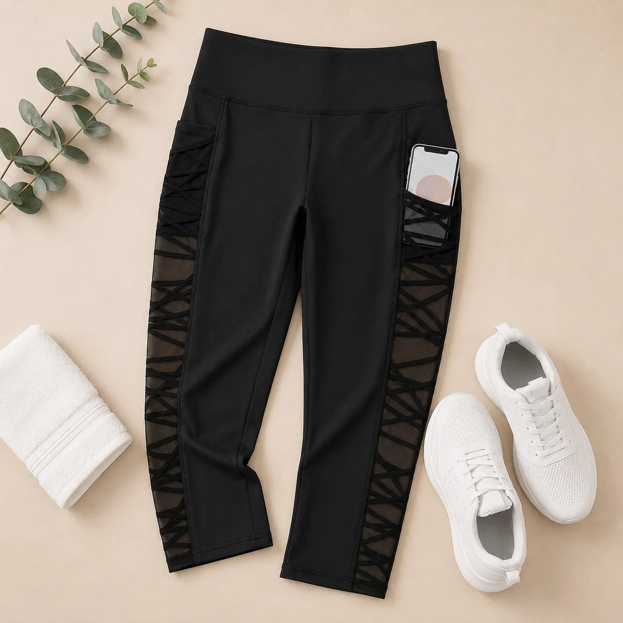 Flexora – High Waist Mesh-like Side Capri Leggings with Phone Pocket
