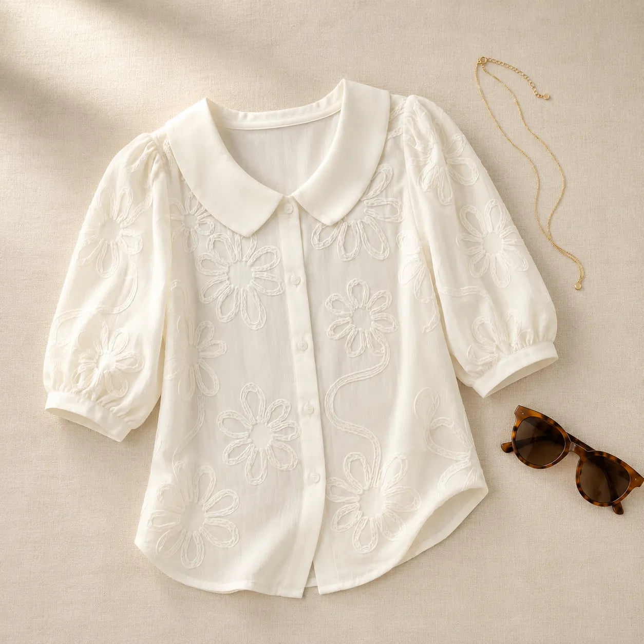 Fiora – Textured Floral Blouse with Puff Sleeves