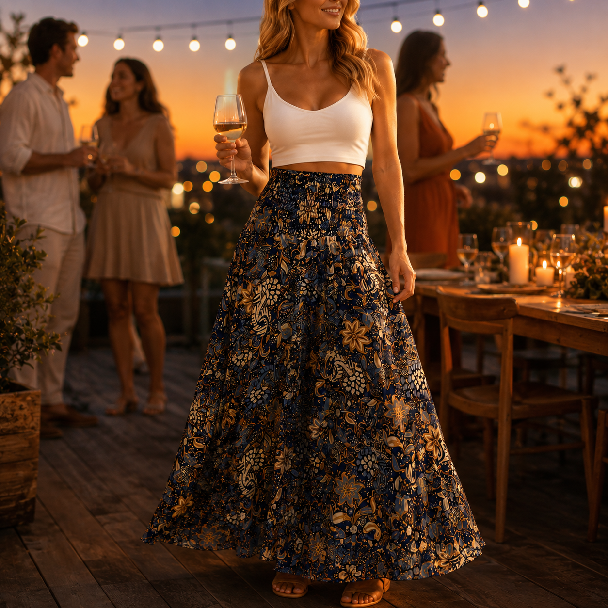 Floressa – Smocked High-Waist Floral Maxi Skirt with Flowy A-Line Sweep