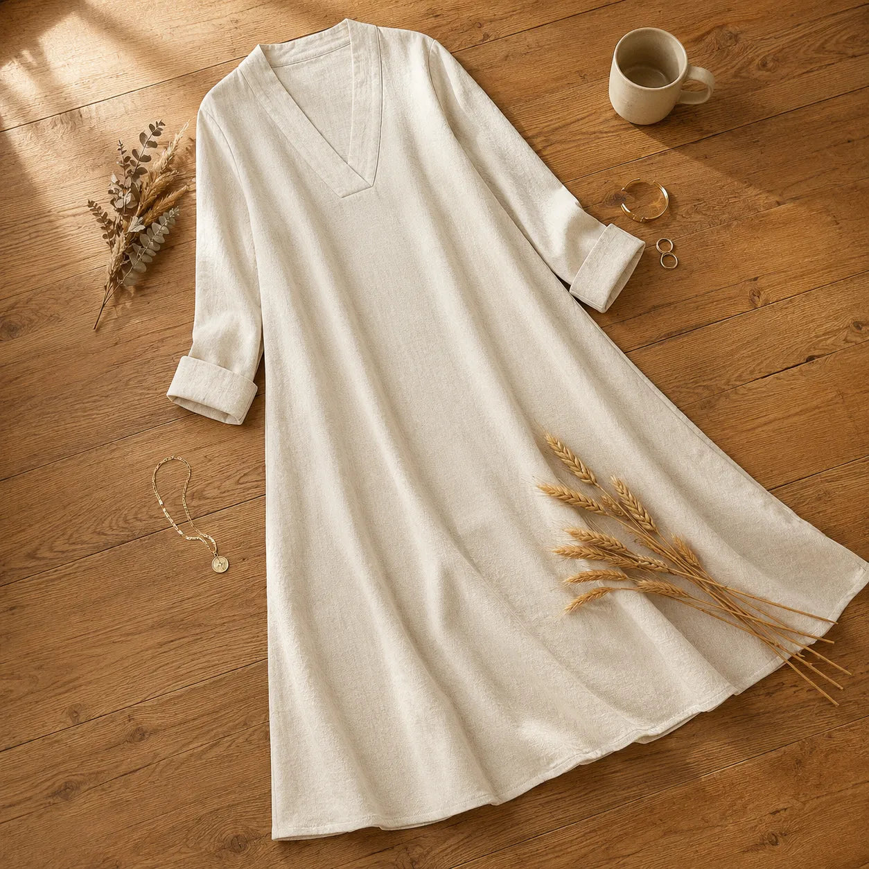 Lunara – Linen-Look V-Neck A-Line Maxi Dress with Pockets