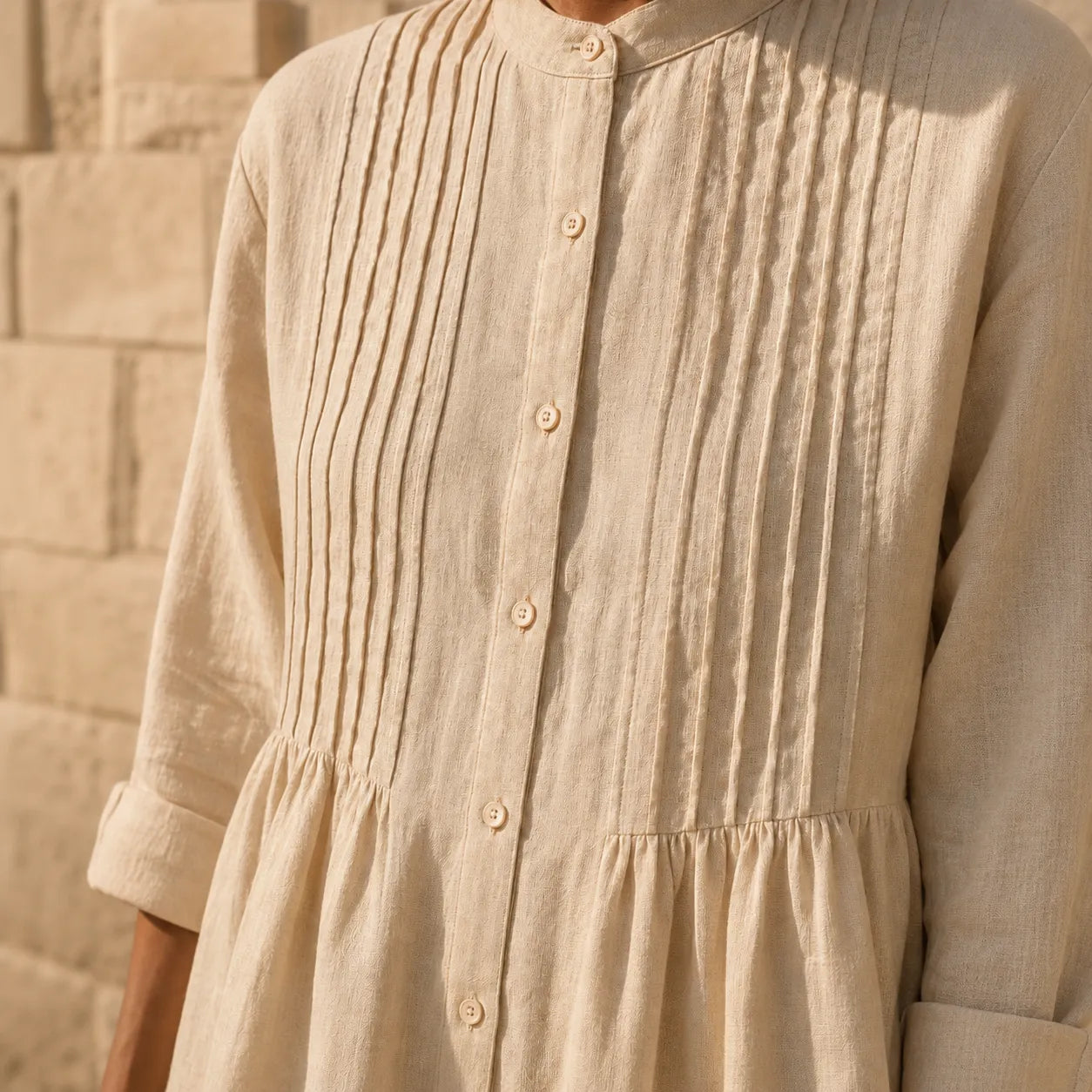 Costera – Flowy Pintuck Shirt Dress, Linen-look, Midi Length