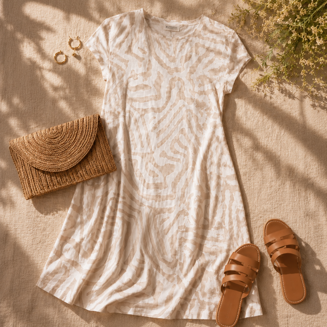 Ingrid – Linen Look Midi Shift Dress with Abstract Print, Cap Sleeve