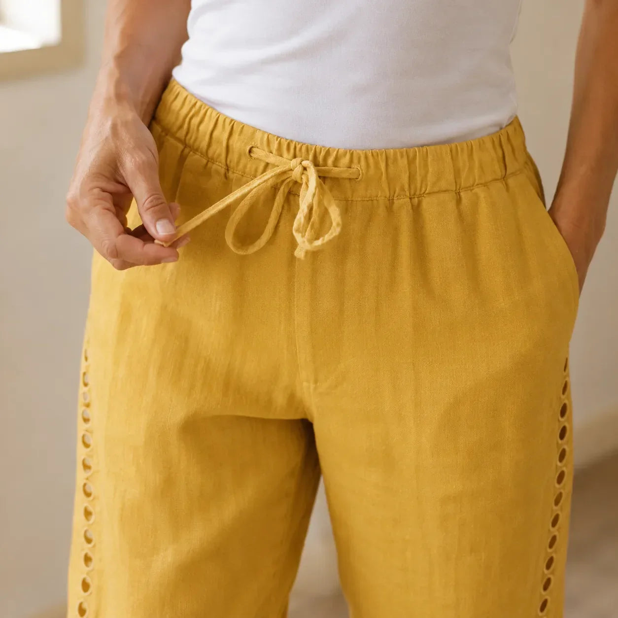 Loravie – Eyelet Trim Cotton-Linen-like Capri Pants with Drawstring Waist