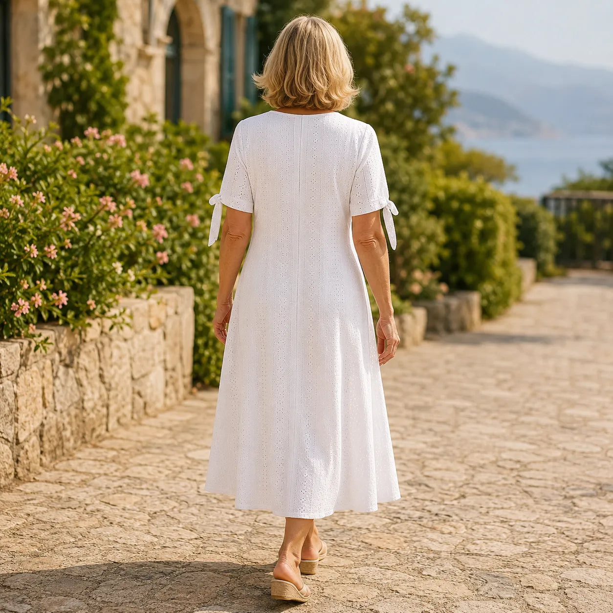 Lunavia – Eyelet V Neck Midi Dress with Tie Sleeves and Pockets