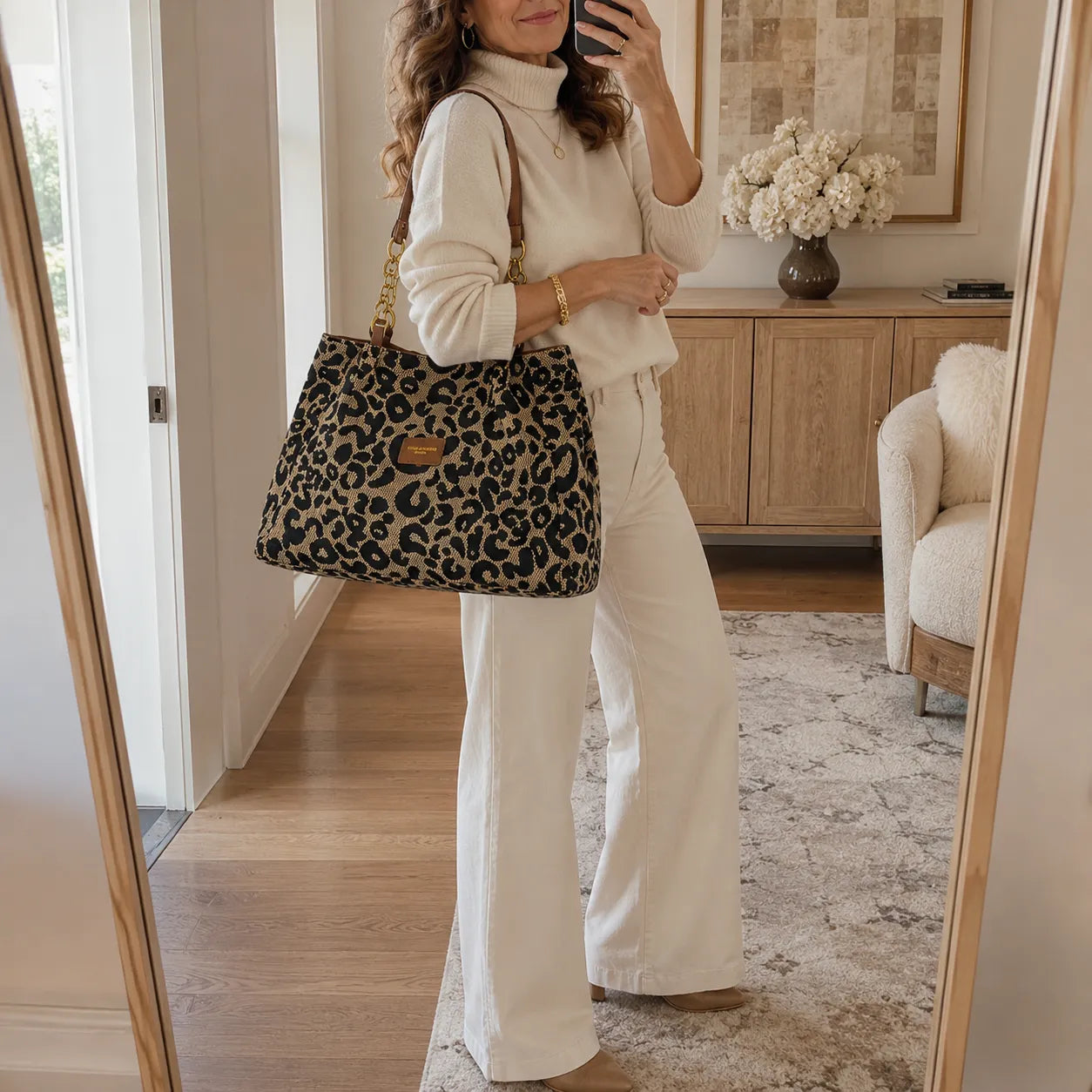 Florella – Woven Leopard Print Tote Bag with Leather Trim and Gold Chain
