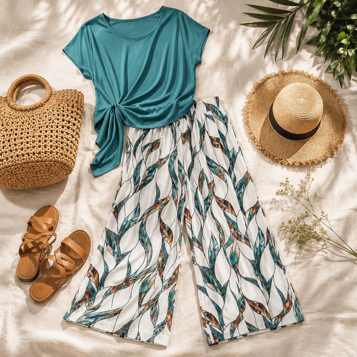 Lunaria – Women's Side-Tie Top & Wide-Leg Leaf-Print Pants Set