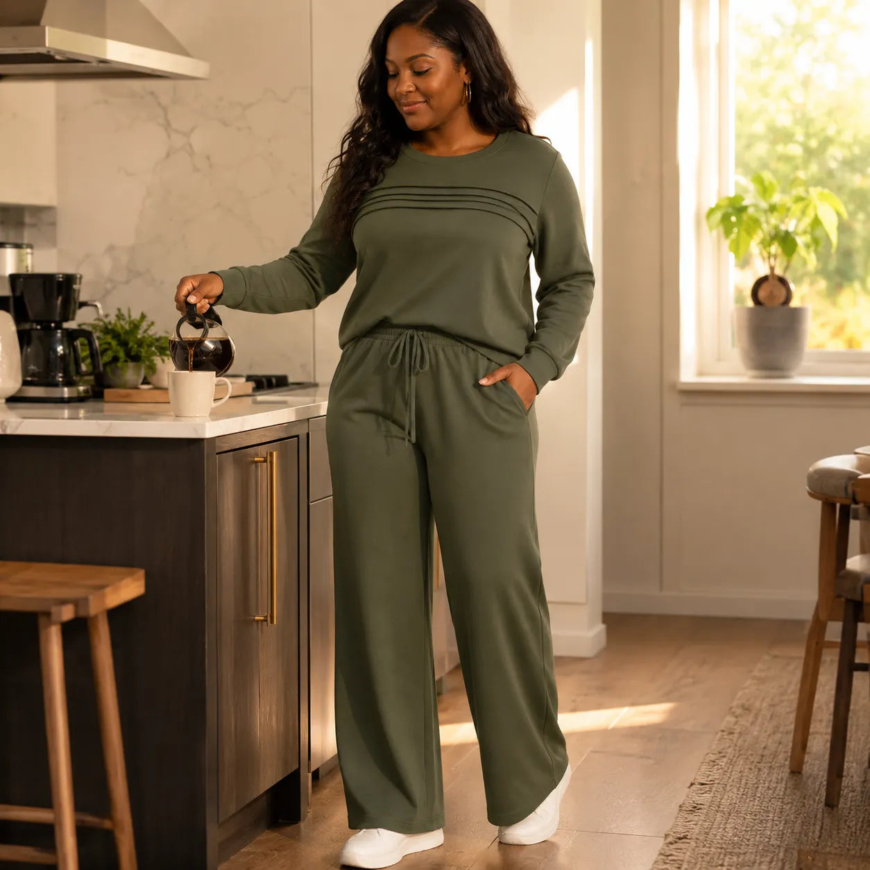 Lounara – Soft-Stretch Lounge Set with Wide-Leg Pants and Pockets