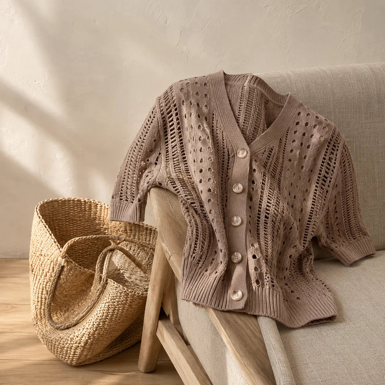 Lianora – Short Sleeve Open Knit Button Cardigan for Women