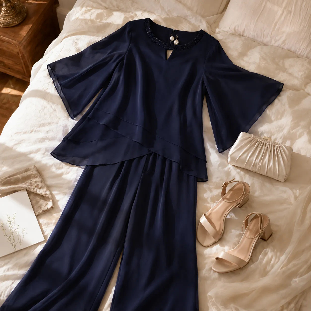 Elowen – Layered Chiffon-like Wedding Guest Pant Set for Women