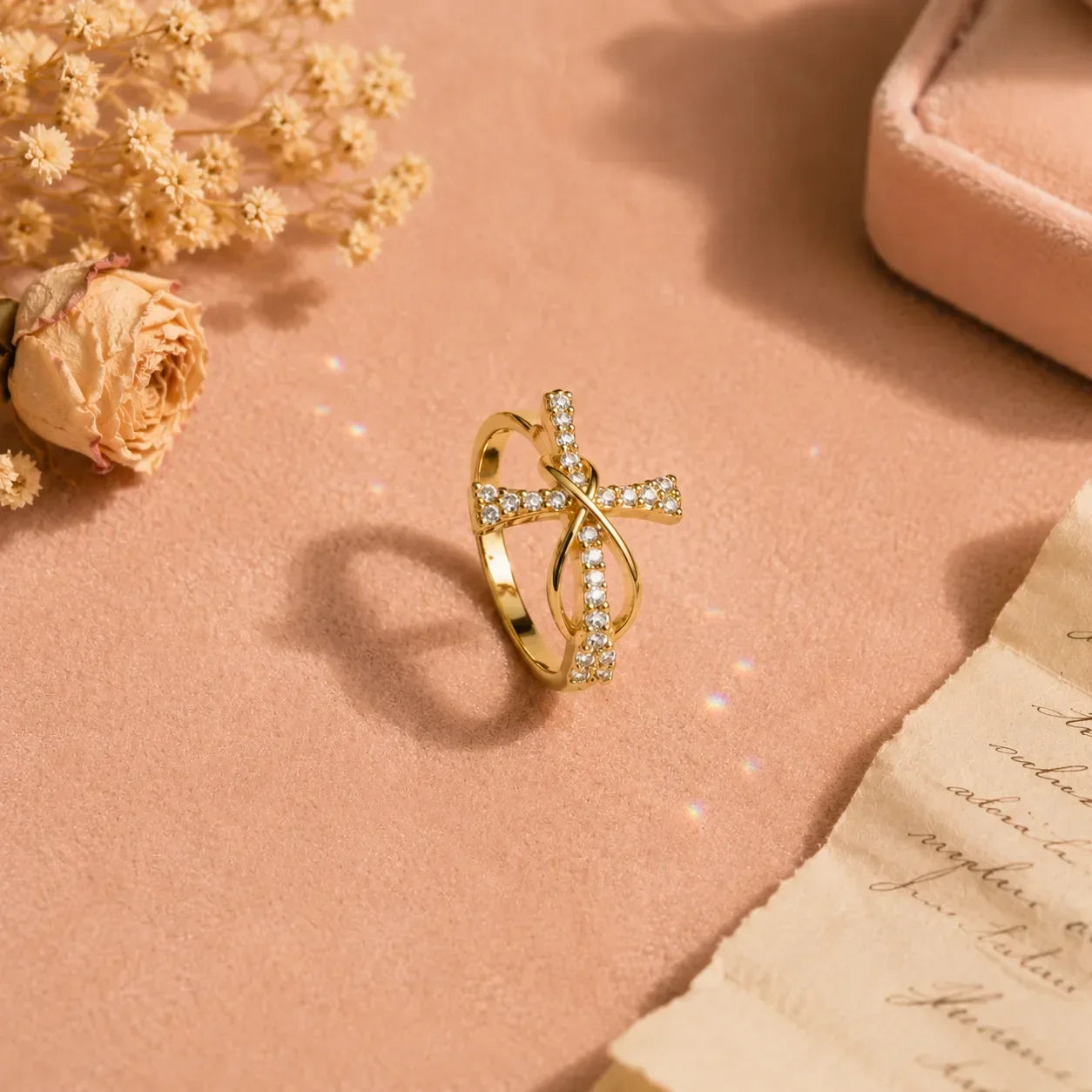 Graceloop – Mobius Cross Ring with Pavé Stones, Gold or Silver