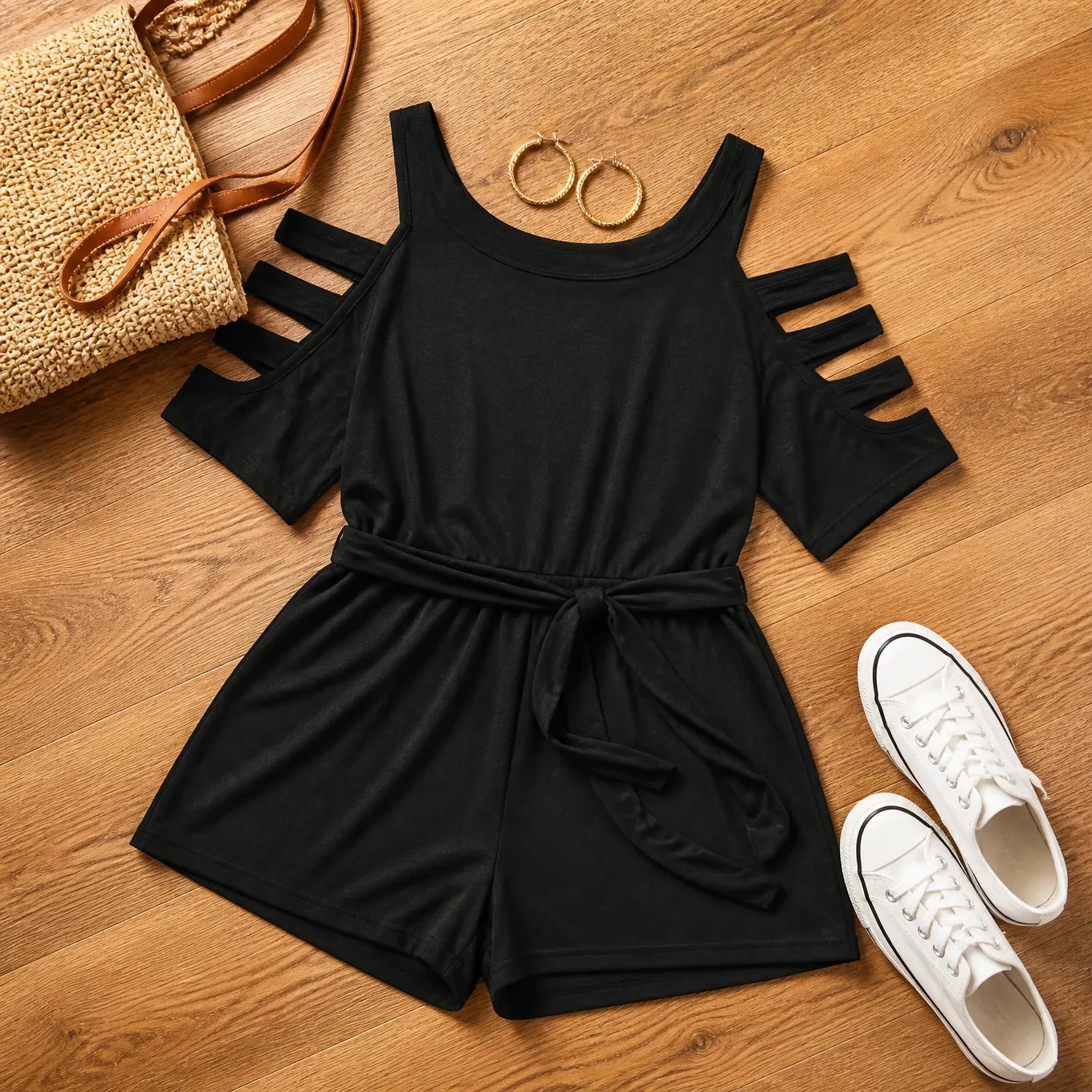 Curvella – Cold-Shoulder Belted Romper with Tie Waist & Pockets