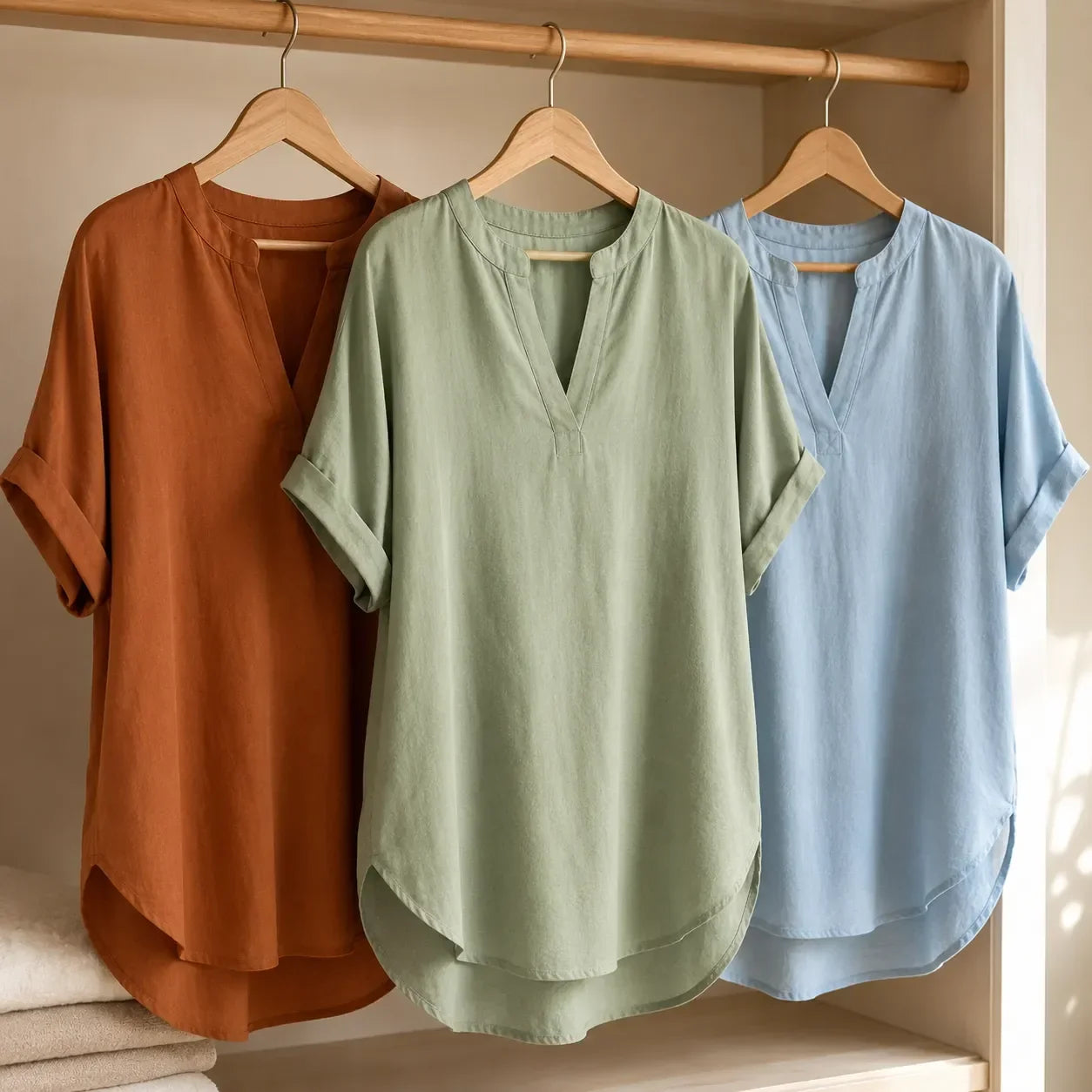 Linora – Notch V-Neck Short Sleeve Curved-Hem Tunic Blouse for Women