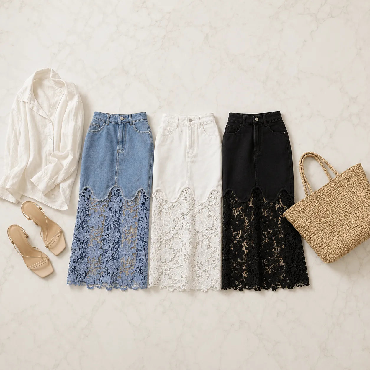 Florenza – Floral lace hem high waist denim maxi skirt with pockets
