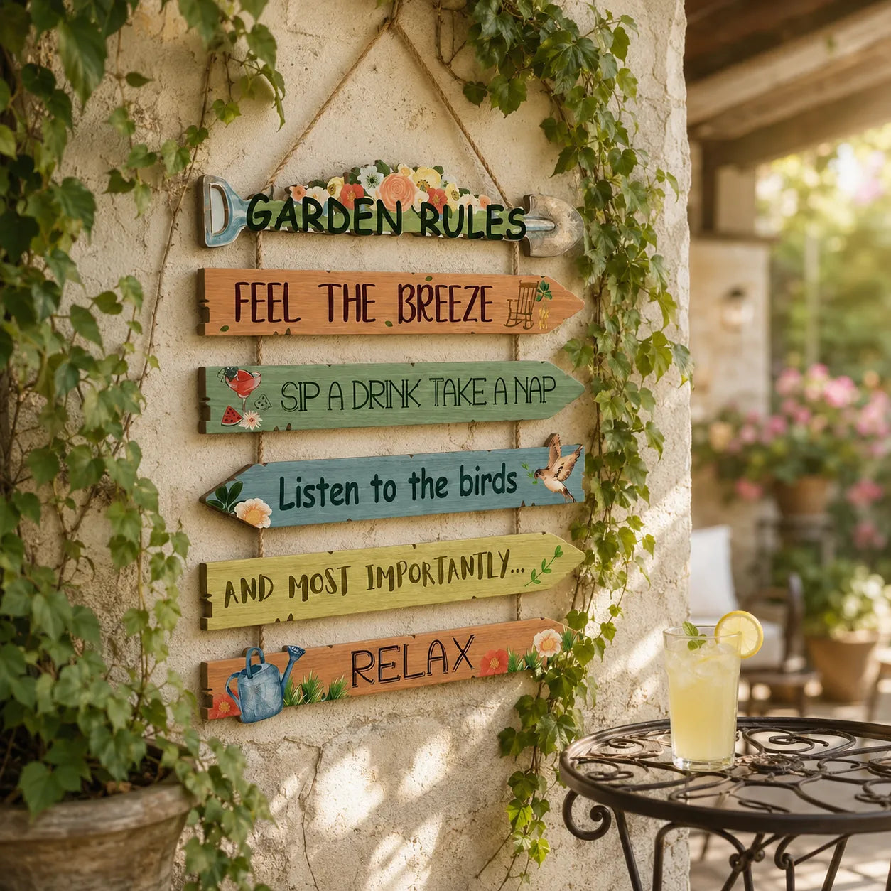 Blossomrow – Rustic Garden Rules Hanging Sign, Hand-Painted Wall Plaque with Rope
