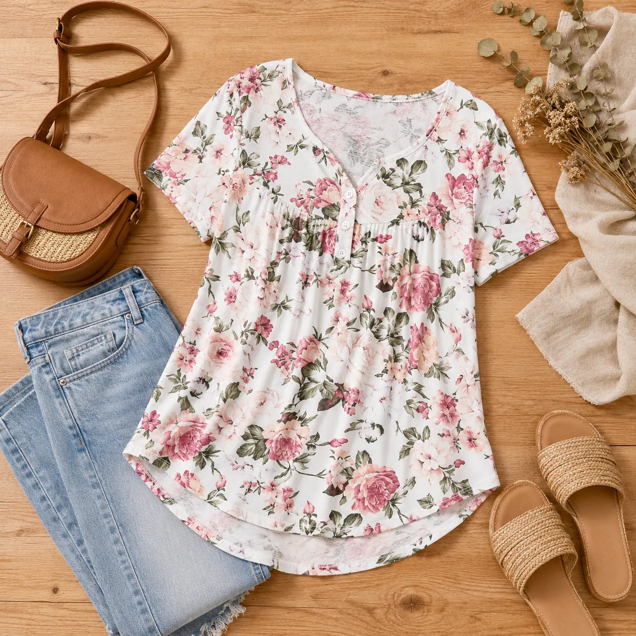 Florenza – Women's Floral Pleated Henley Tunic Top, Flowy Short Sleeve V-Neck Button Up Shirt for Jeans