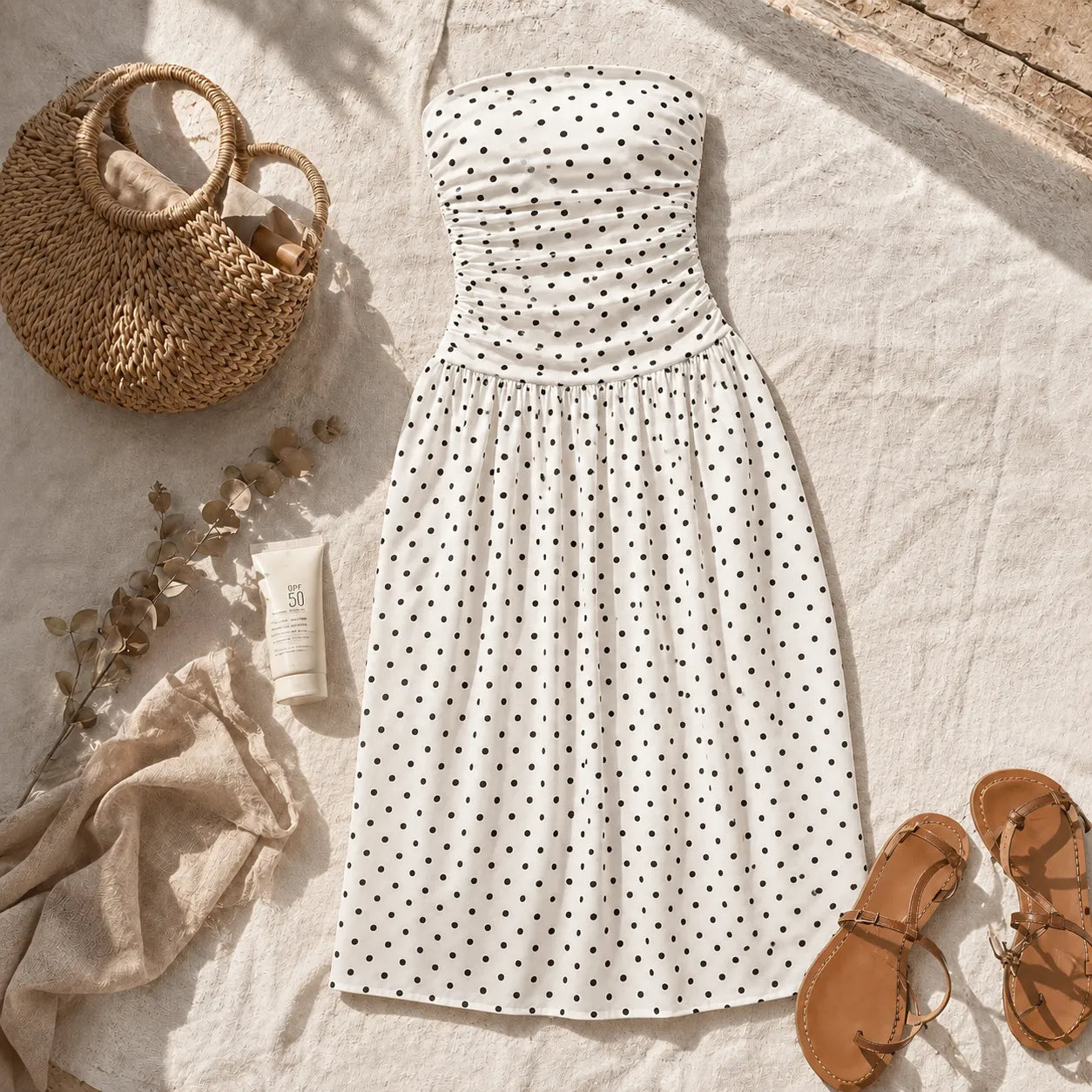 Doretta – Strapless Polka Dot Ruched Maxi Dress