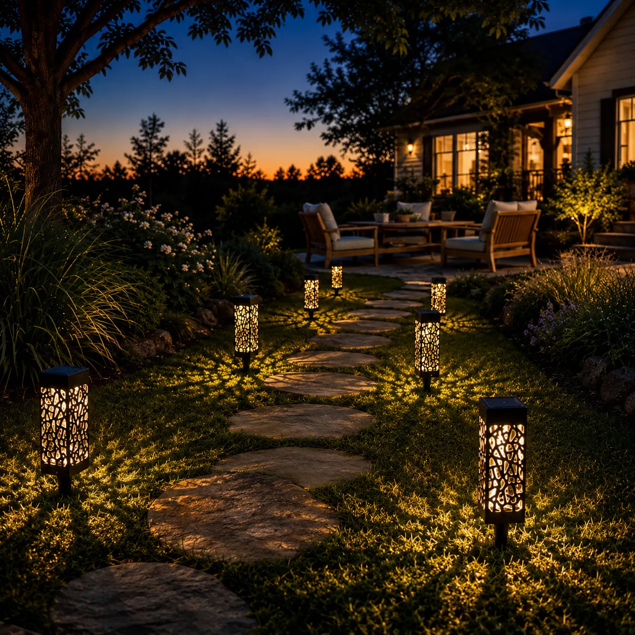 Glenmore – Solar Pathway Stake Lights with Mosaic Shadow Pattern (8-Pack)