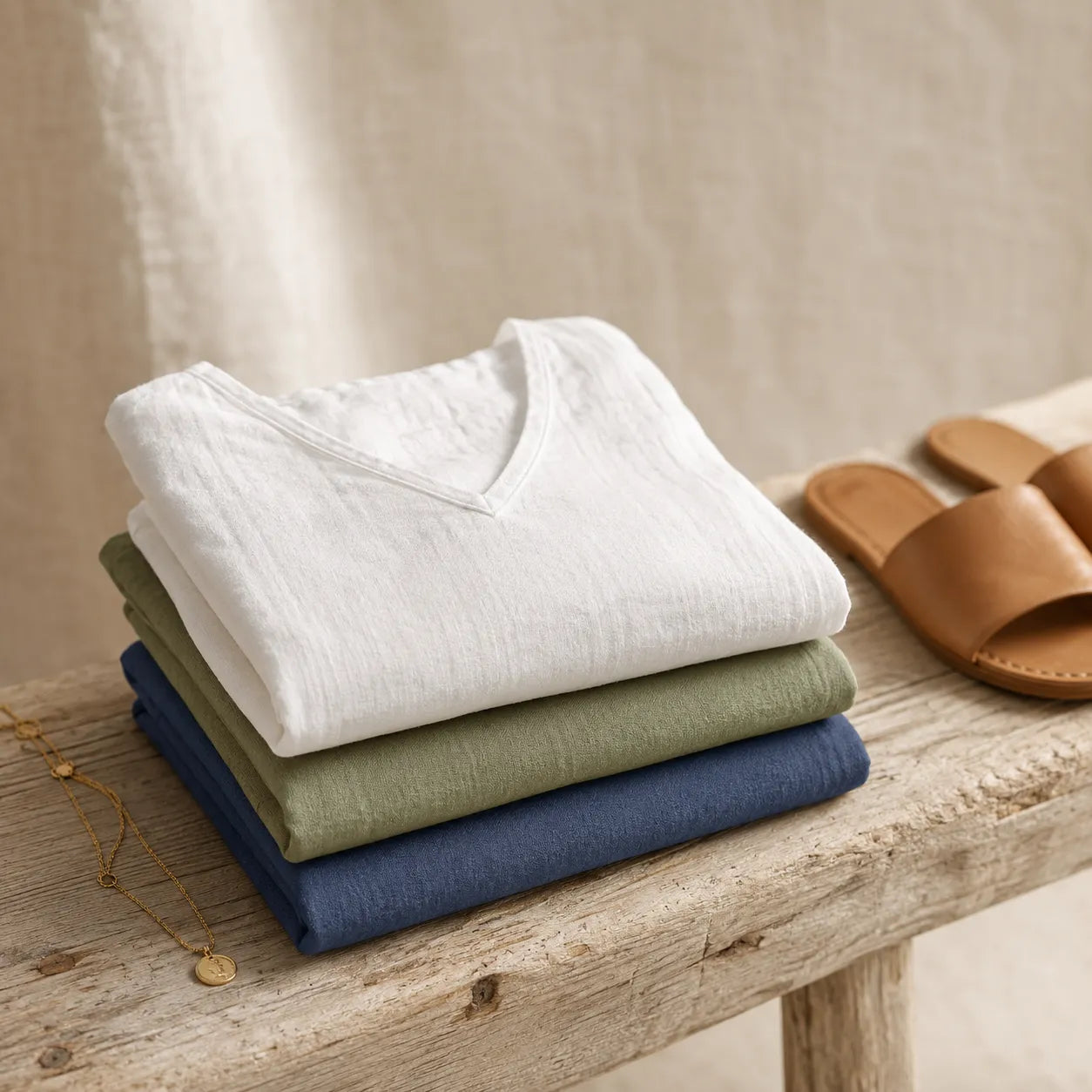 Linvie – Loose V-Neck Linen-Look Blouse with Three-Quarter Sleeves