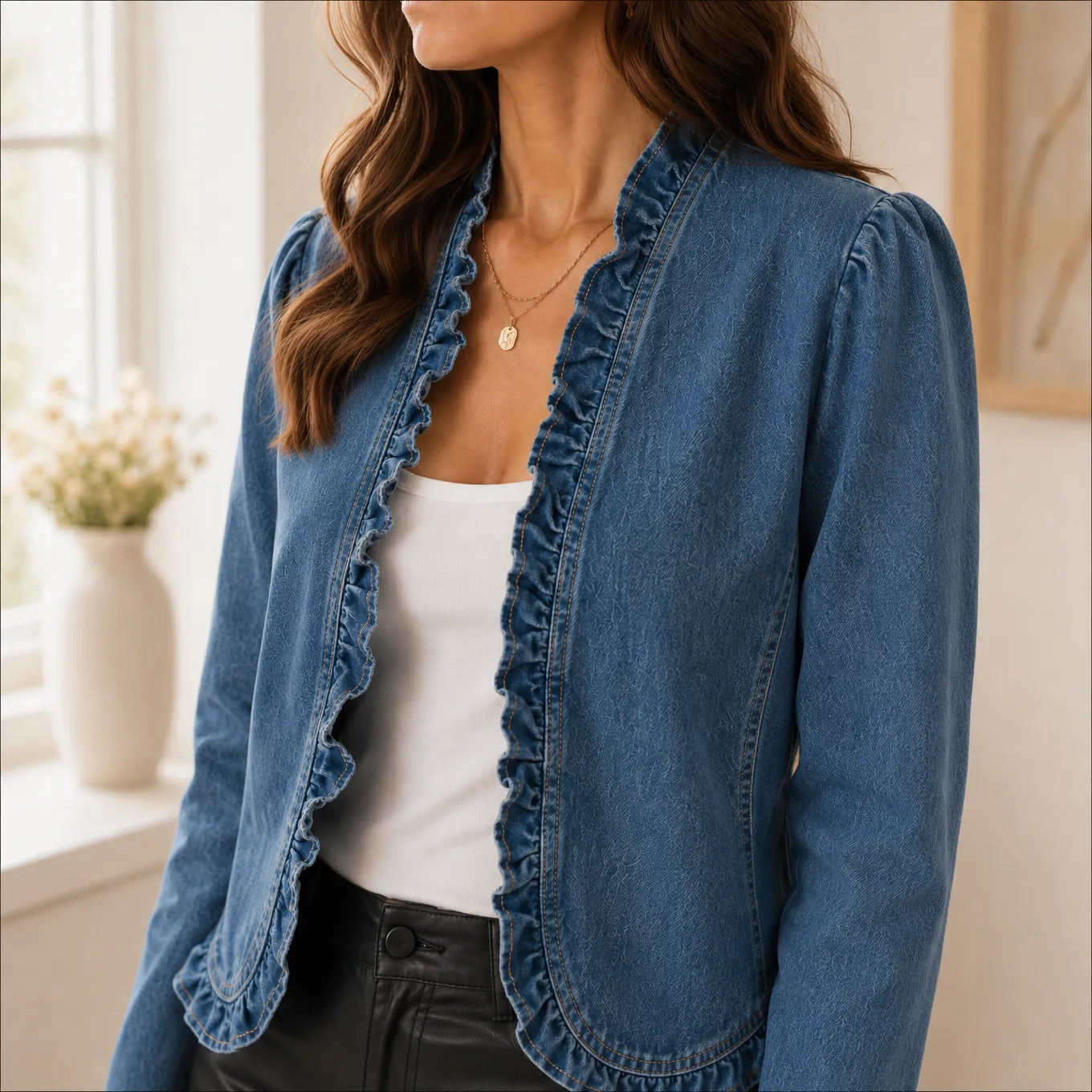 Florelle – Open Front Ruffle Trim Denim-look Jacket for Women