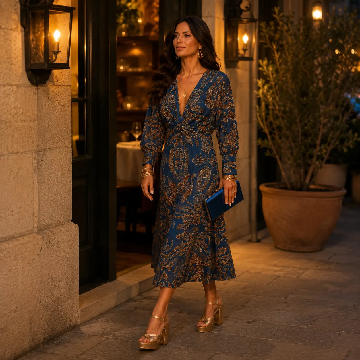 Florenza – Baroque Print Twist-Front Wrap Midi Dress