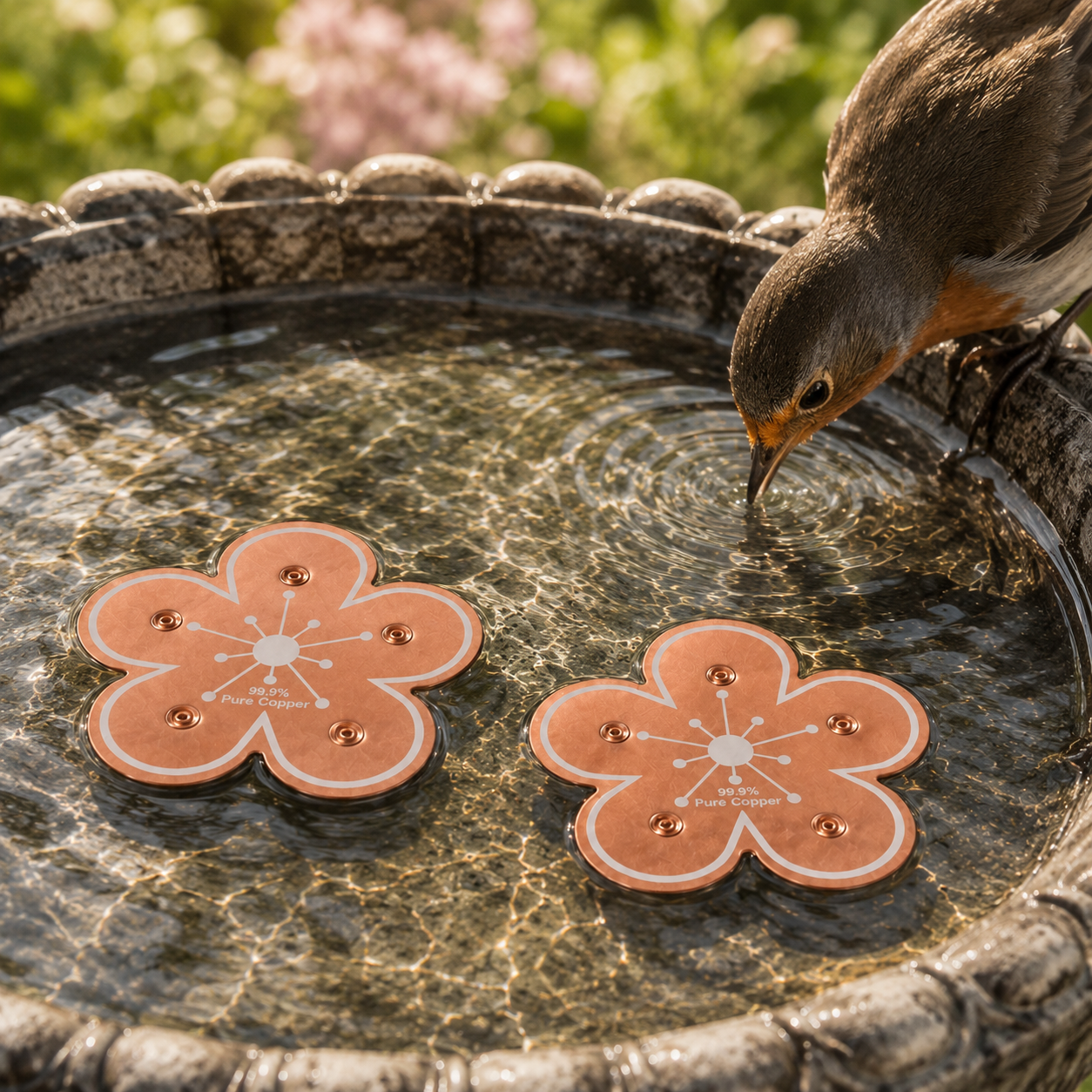 Bloomara – Pure Copper Bird Bath Purifier Disc, Algae Control Flower