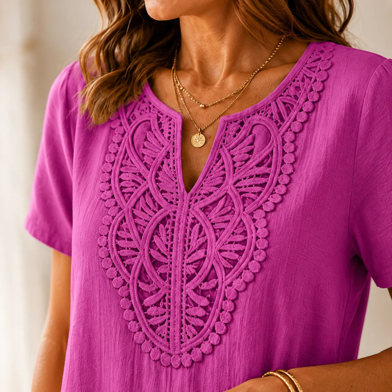Loravie – Bohemian Lace-like Bib A-Line T-Shirt Dress