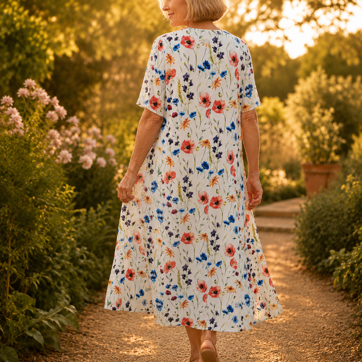 Fiorella – Floral Print Cotton-like Midi Dress with Pockets