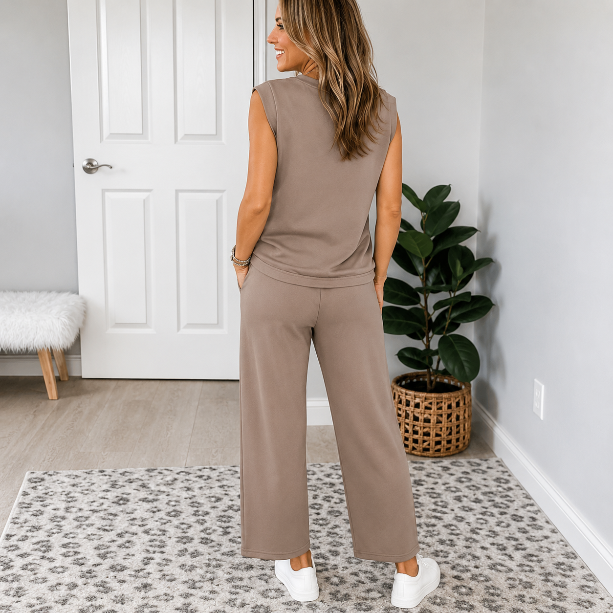 Lounella – Sleeveless Top & Wide-Leg Drawstring Pants 2-Piece Lounge Set