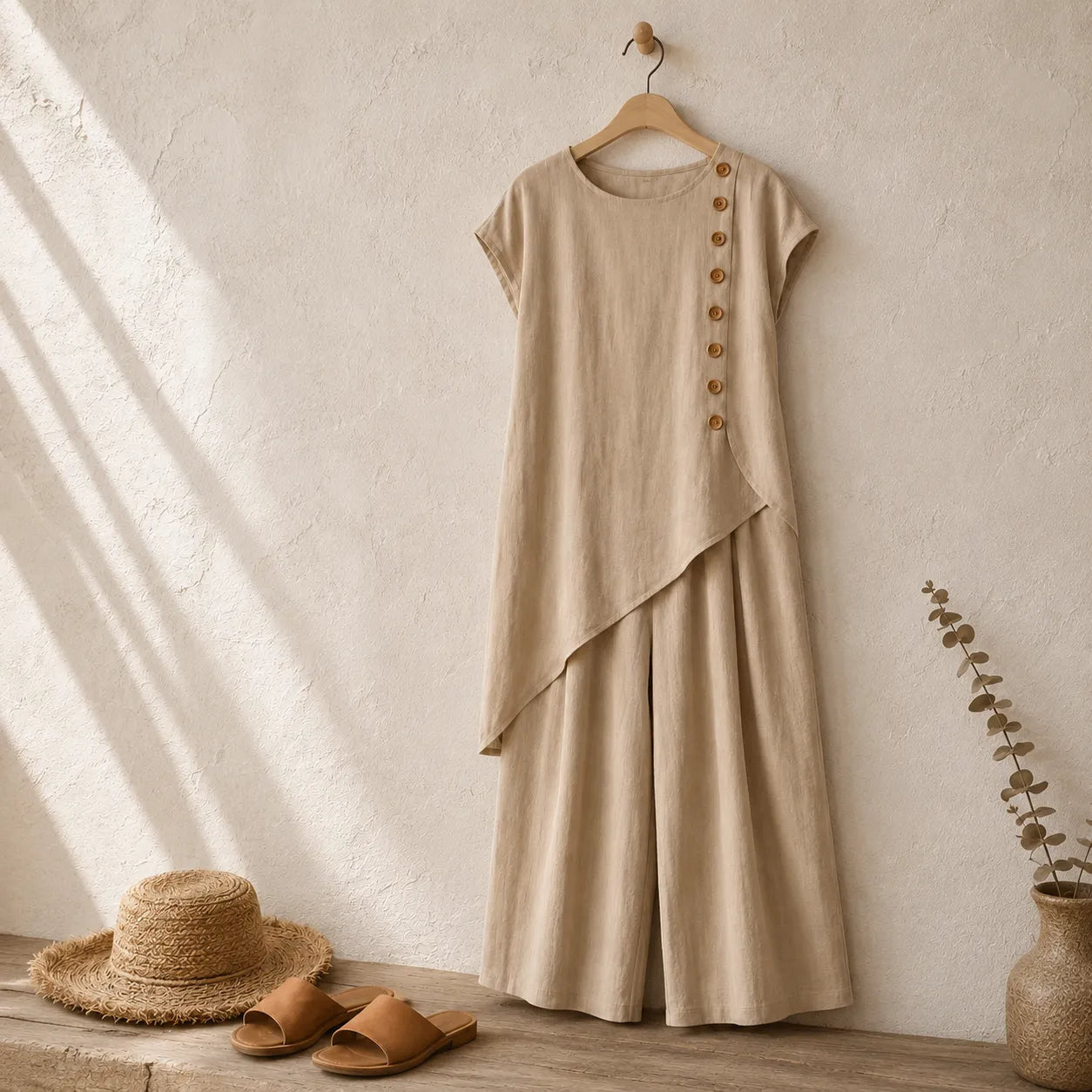 Elovena – Asymmetric Hem Matching Set with Wide-Leg Pants