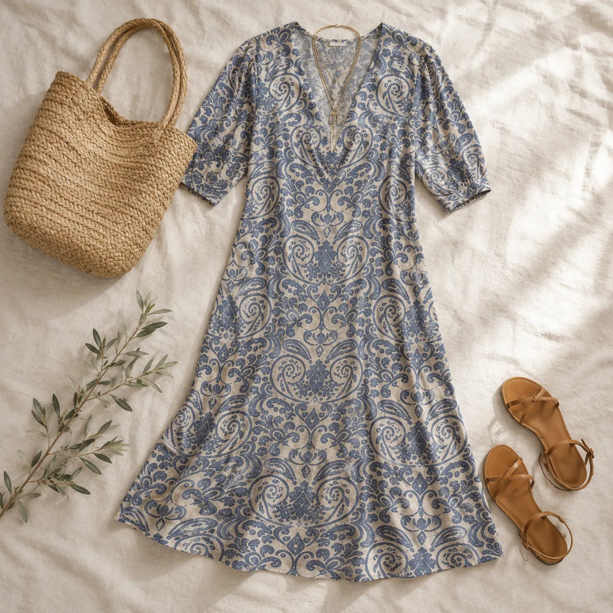 Florenza – Vintage Paisley V-Neck A-Line Maxi Dress with Half Sleeves